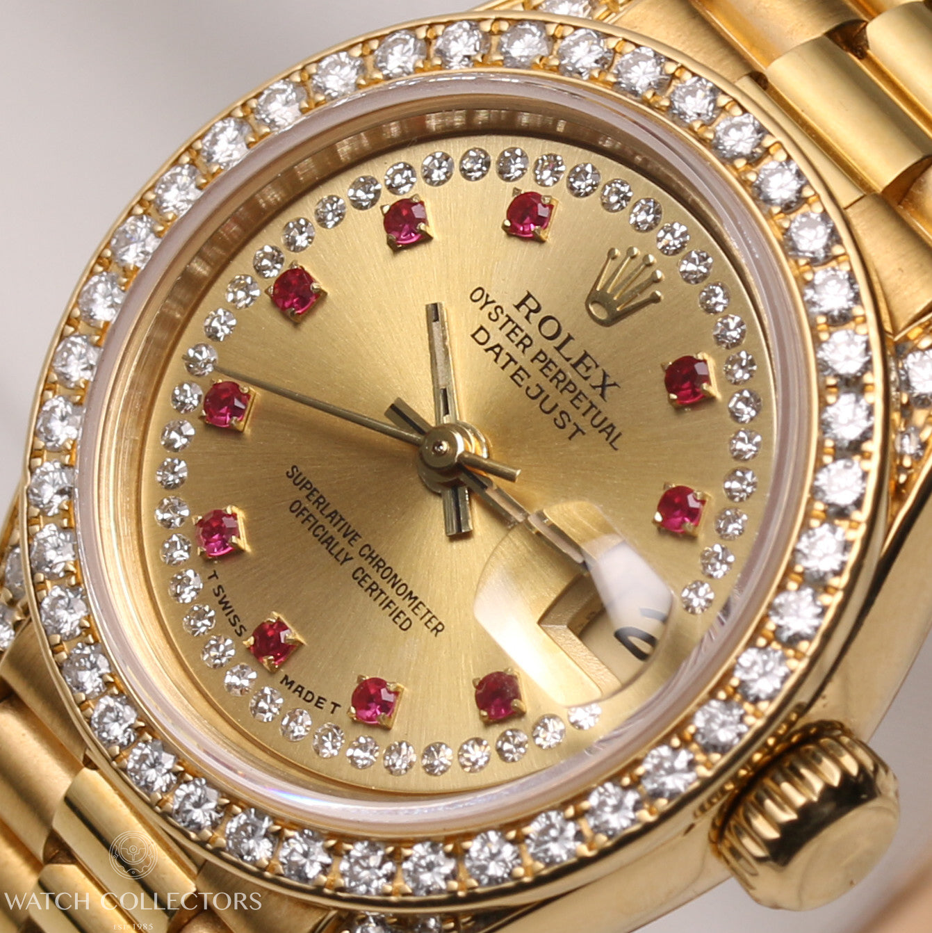 Rare-Rolex-Lady-DateJust-69158-18K-Yellow-Gold-Diamond-String-Ruby-Dial-Diamond-Bezel-Shoulders-Second-Hand-Watch-Collectors-4