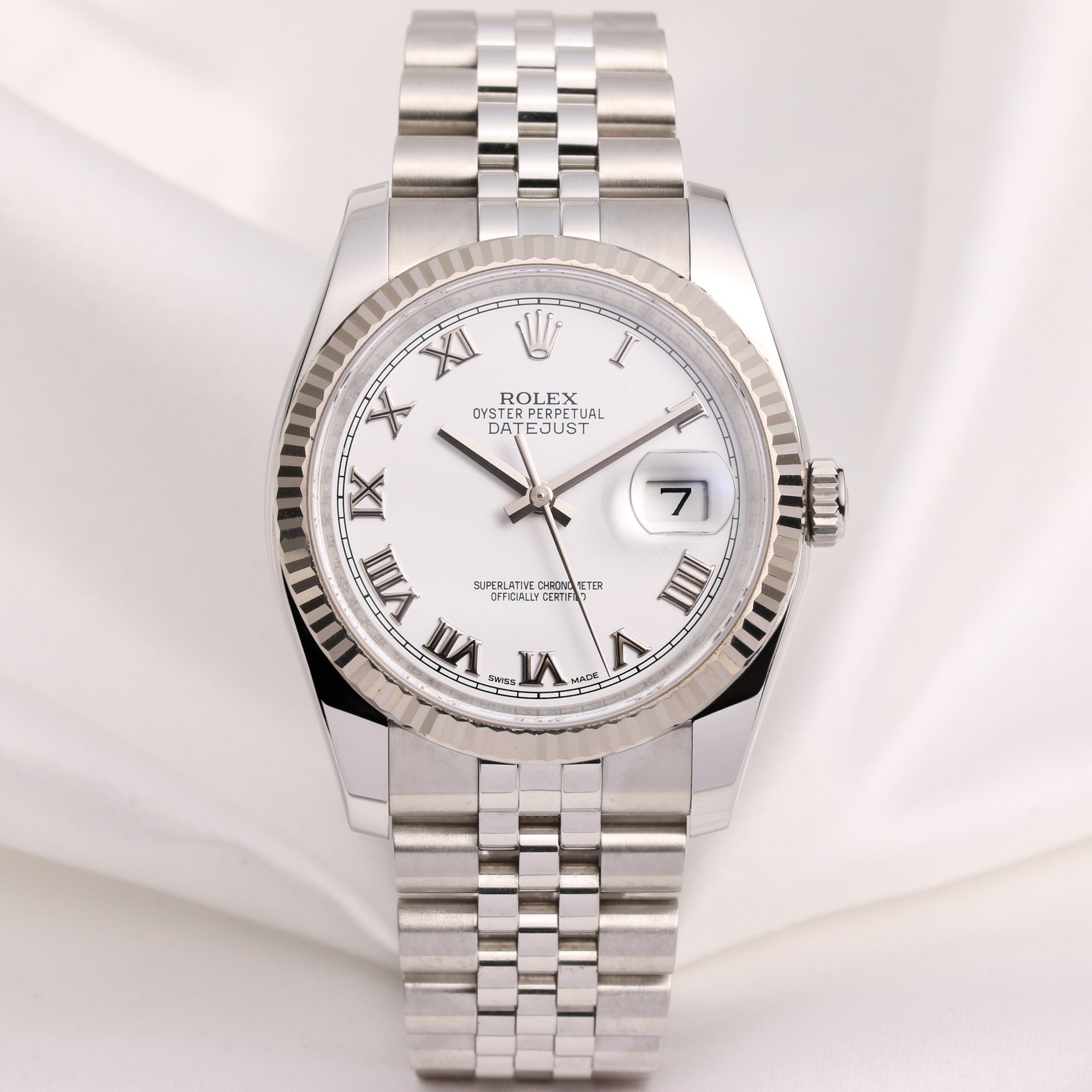 Rolex Date Just 116234 Stainless Steel 18K White Gold Bezel Second Hand Watch Collectors (1)
