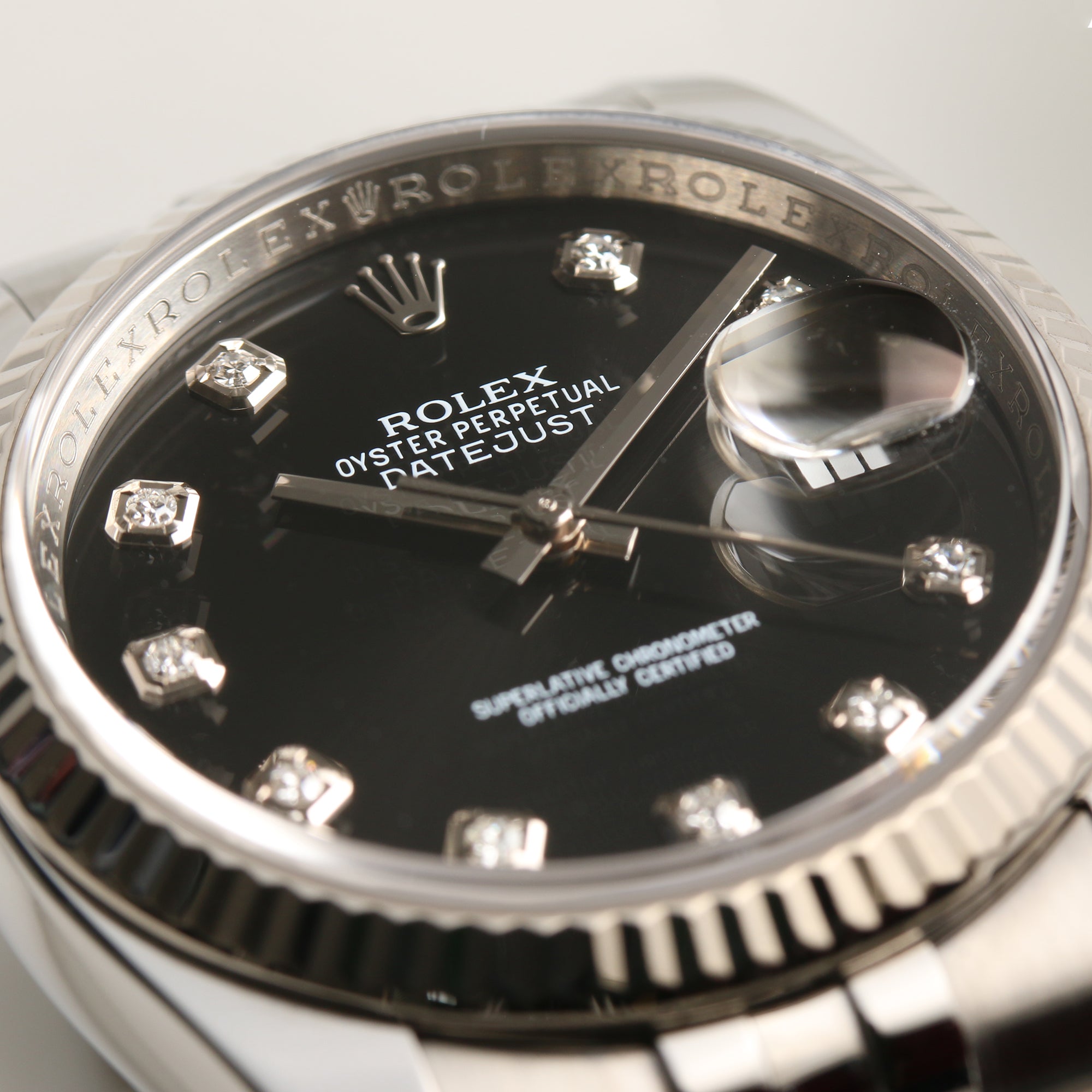 Rolex DateJust 116234 Stainless Steel 18K White Gold Bezel Black Diamond Dial Second Hand Watch Collectors 4