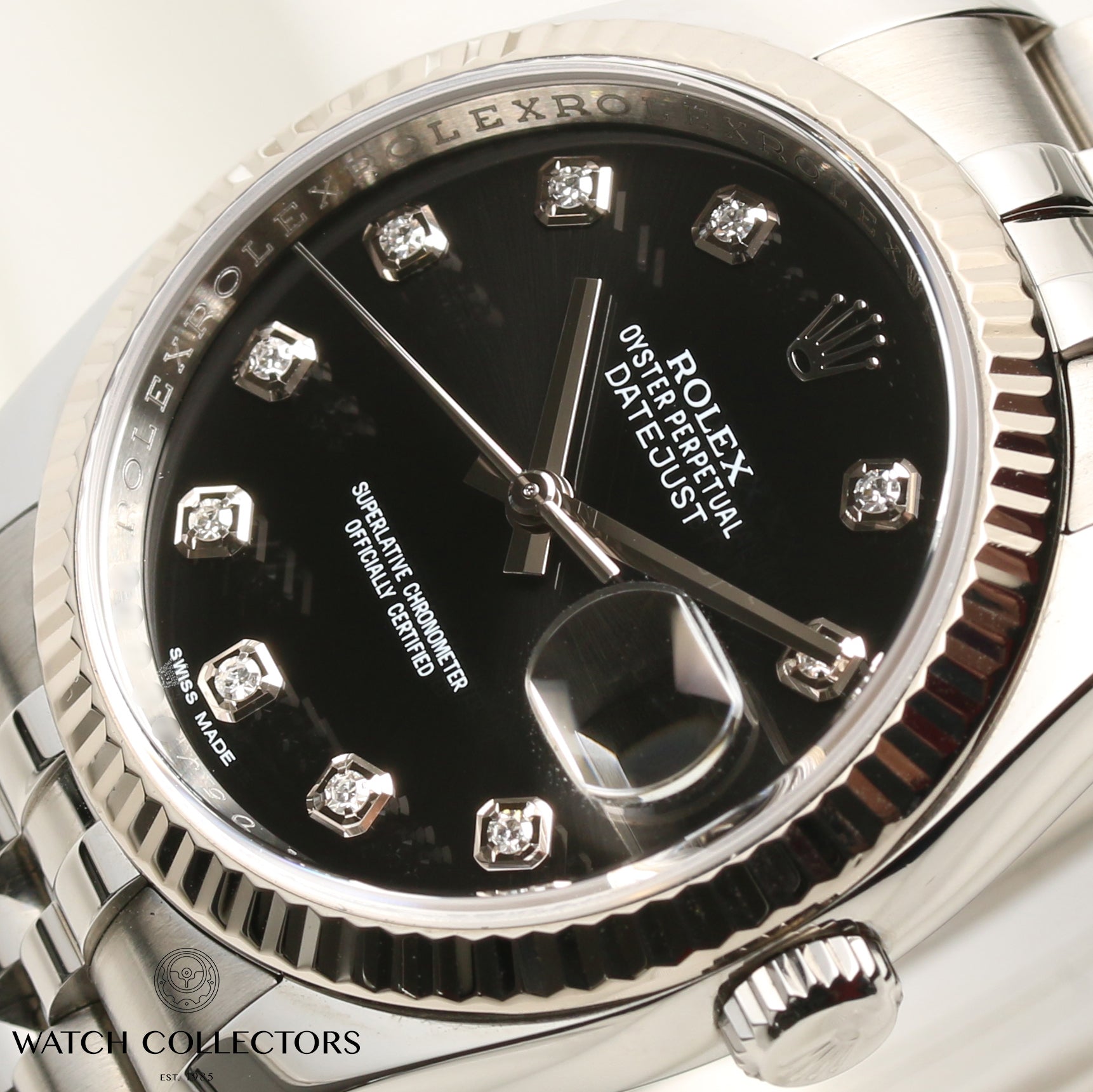 Rolex DateJust 116234 Stainless Steel 18K White Gold Bezel Black Diamond Dial Second Hand Watch Collectors 6