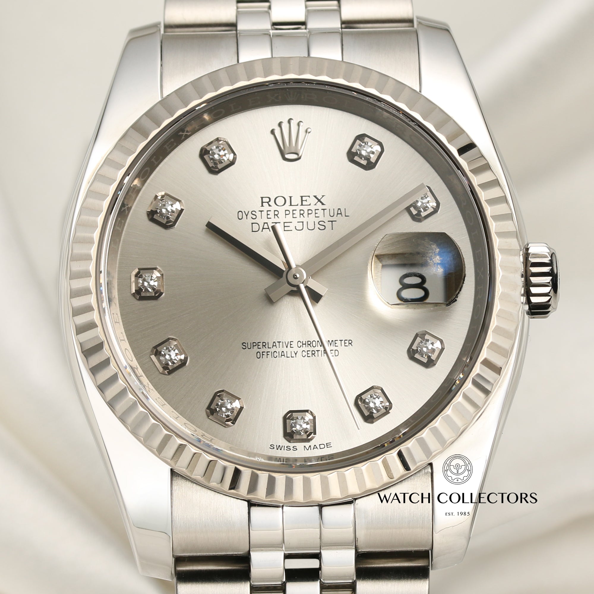 Rolex DateJust 116234 Stainless Steel 18K White Gold Bezel Silver Diamond Dial Second Hand Watch Collectors 2