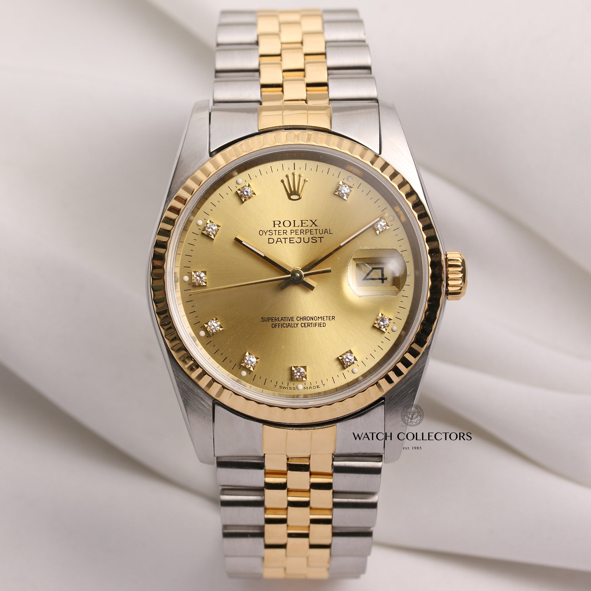 Rolex-DateJust-16233-Steel-Gold-Champagne-Diamond-Dial-R67-Second-Hand-Watch-Collectors-1