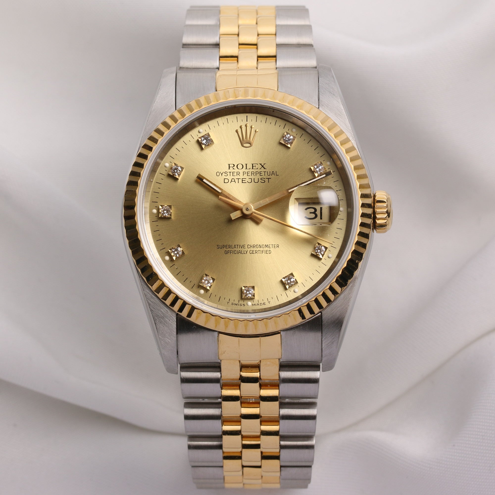 Rolex DateJust 16233 Steel & Gold Champagne Diamond Dial Second Hand Watch Collectors 1