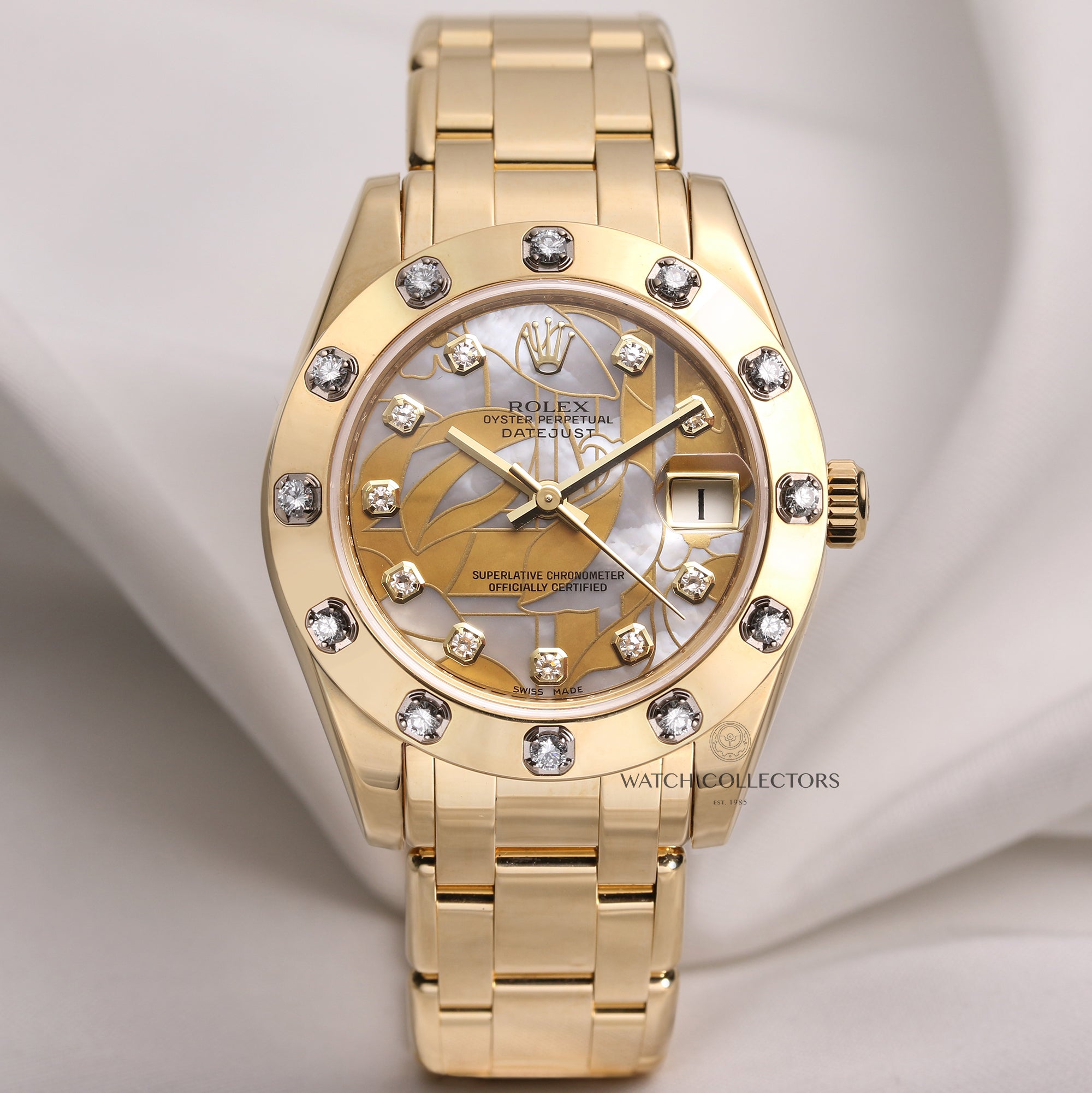 Rolex-DateJust-Pearlmaster-81318-Diamond-Bezel-MOP-Floral-Dial-18K-Yellow-Gold-Second-Hand-Watch-Collectors-1