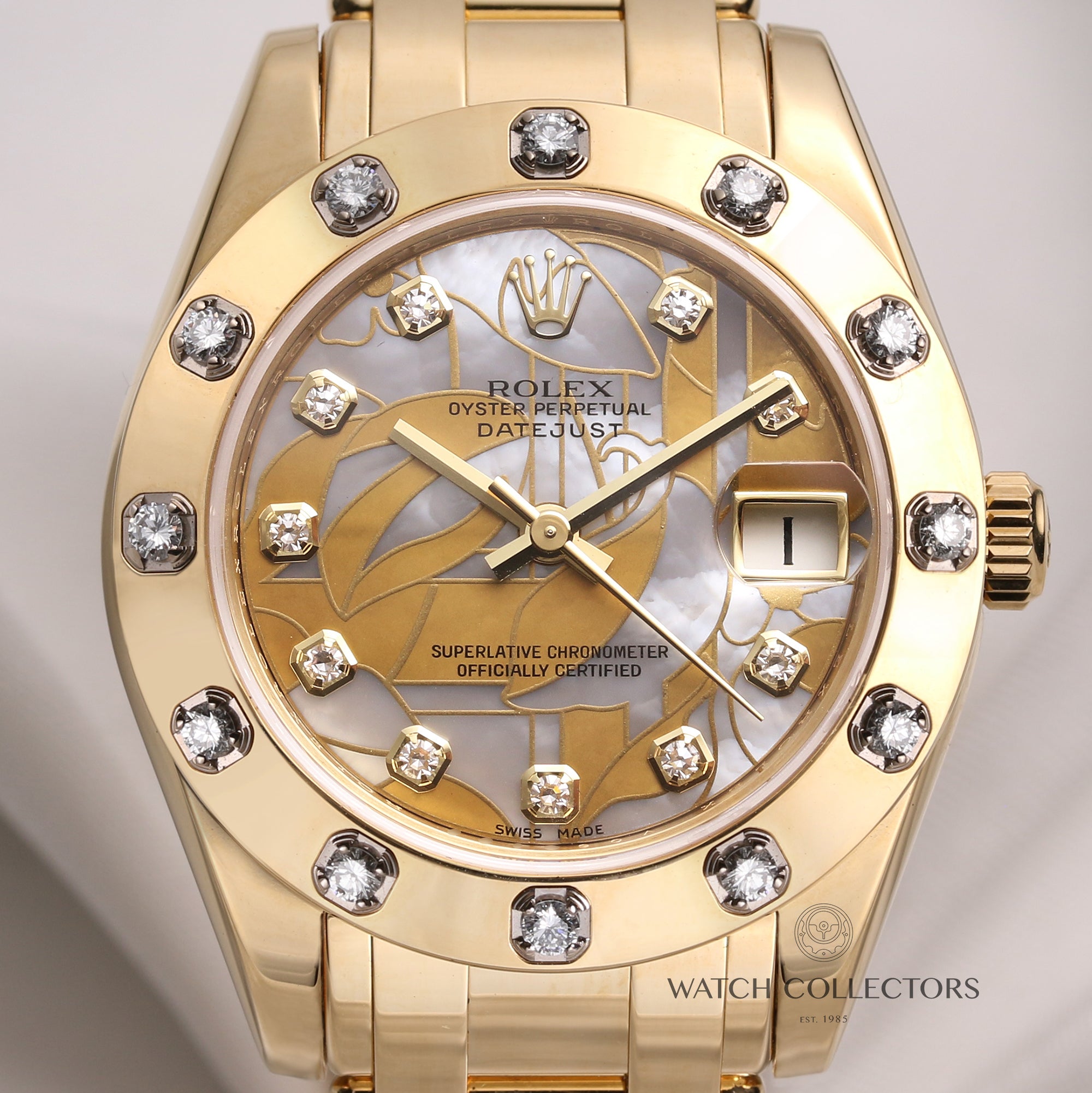 Rolex-DateJust-Pearlmaster-81318-Diamond-Bezel-MOP-Floral-Dial-18K-Yellow-Gold-Second-Hand-Watch-Collectors-2