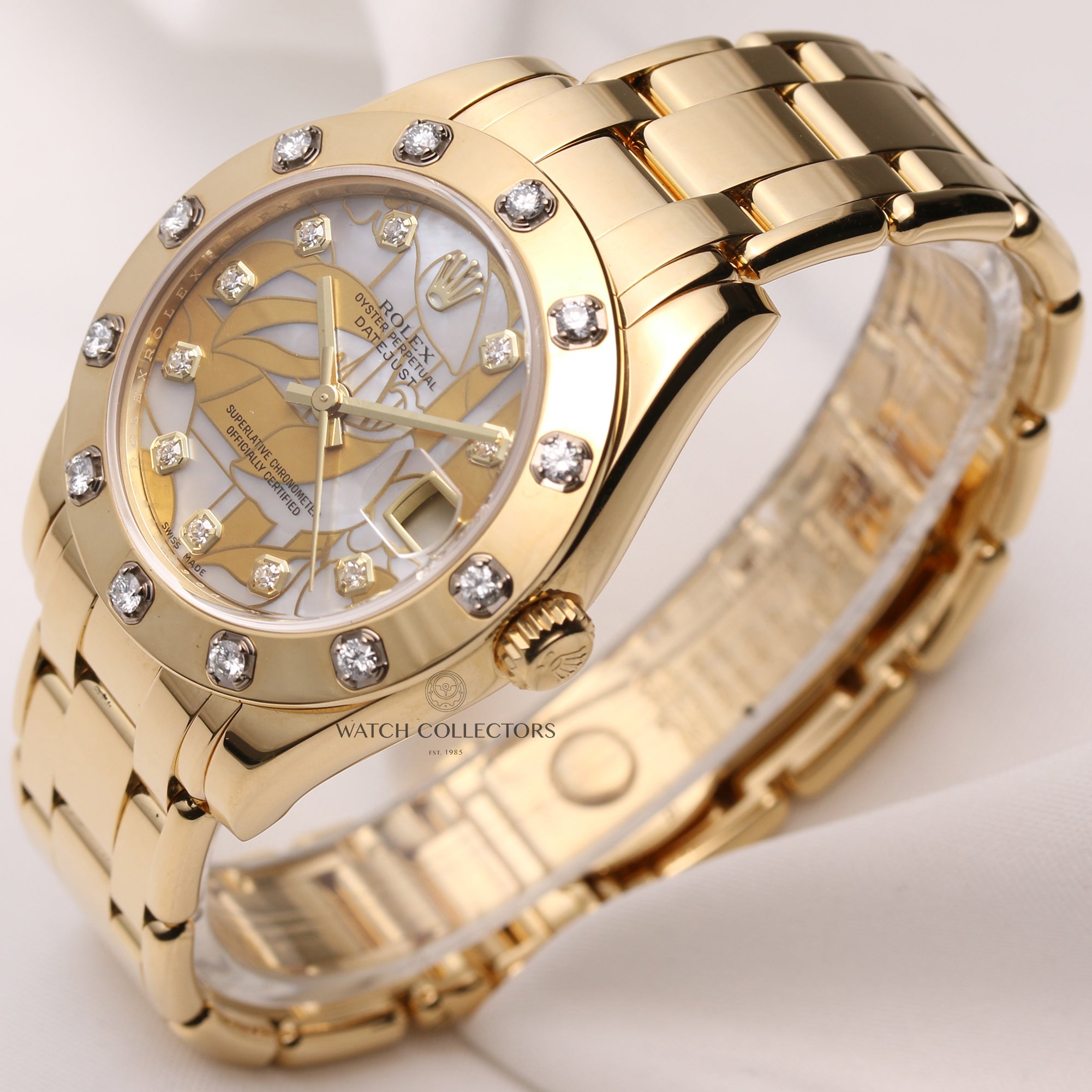 Rolex-DateJust-Pearlmaster-81318-Diamond-Bezel-MOP-Floral-Dial-18K-Yellow-Gold-Second-Hand-Watch-Collectors-3