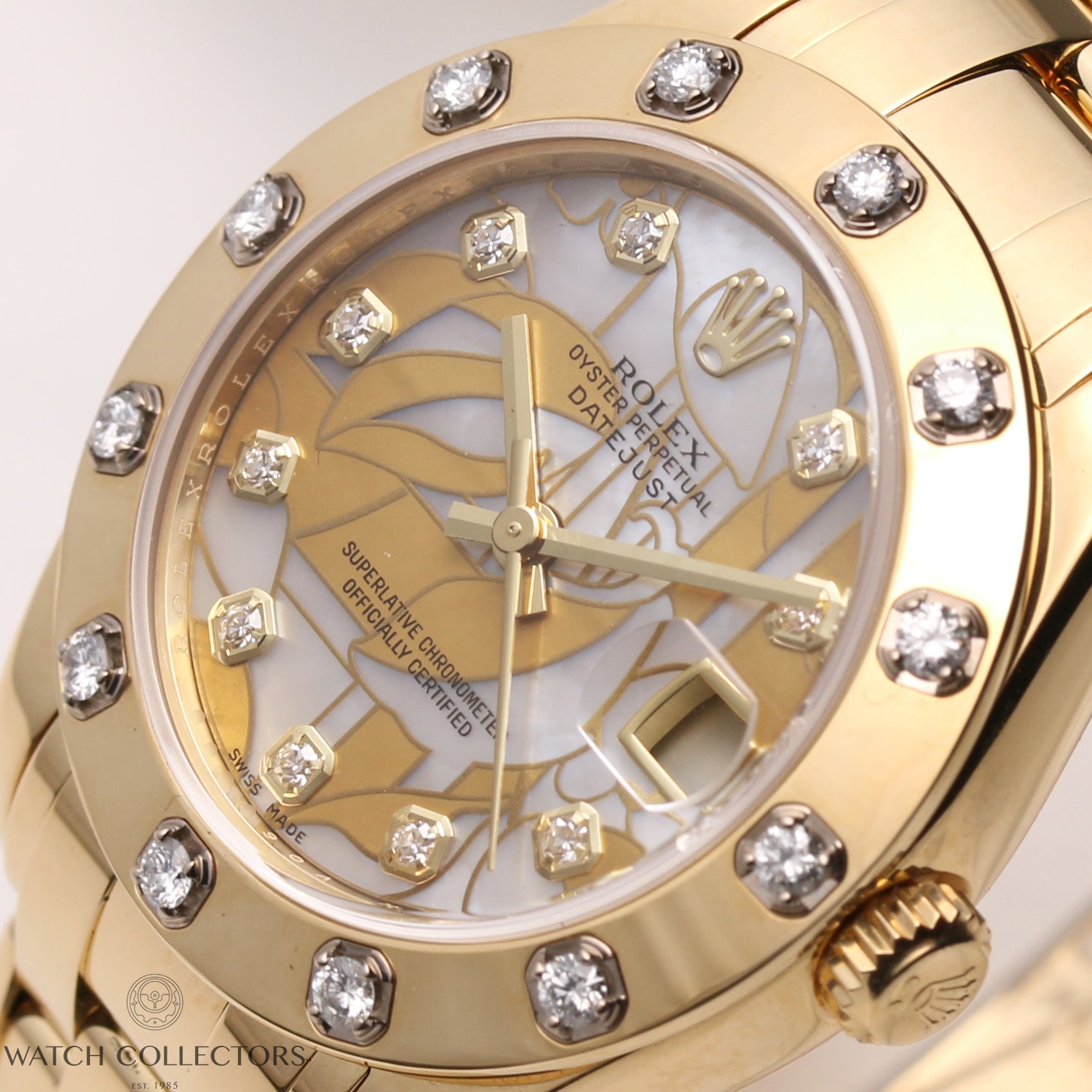 Rolex-DateJust-Pearlmaster-81318-Diamond-Bezel-MOP-Floral-Dial-18K-Yellow-Gold-Second-Hand-Watch-Collectors-4