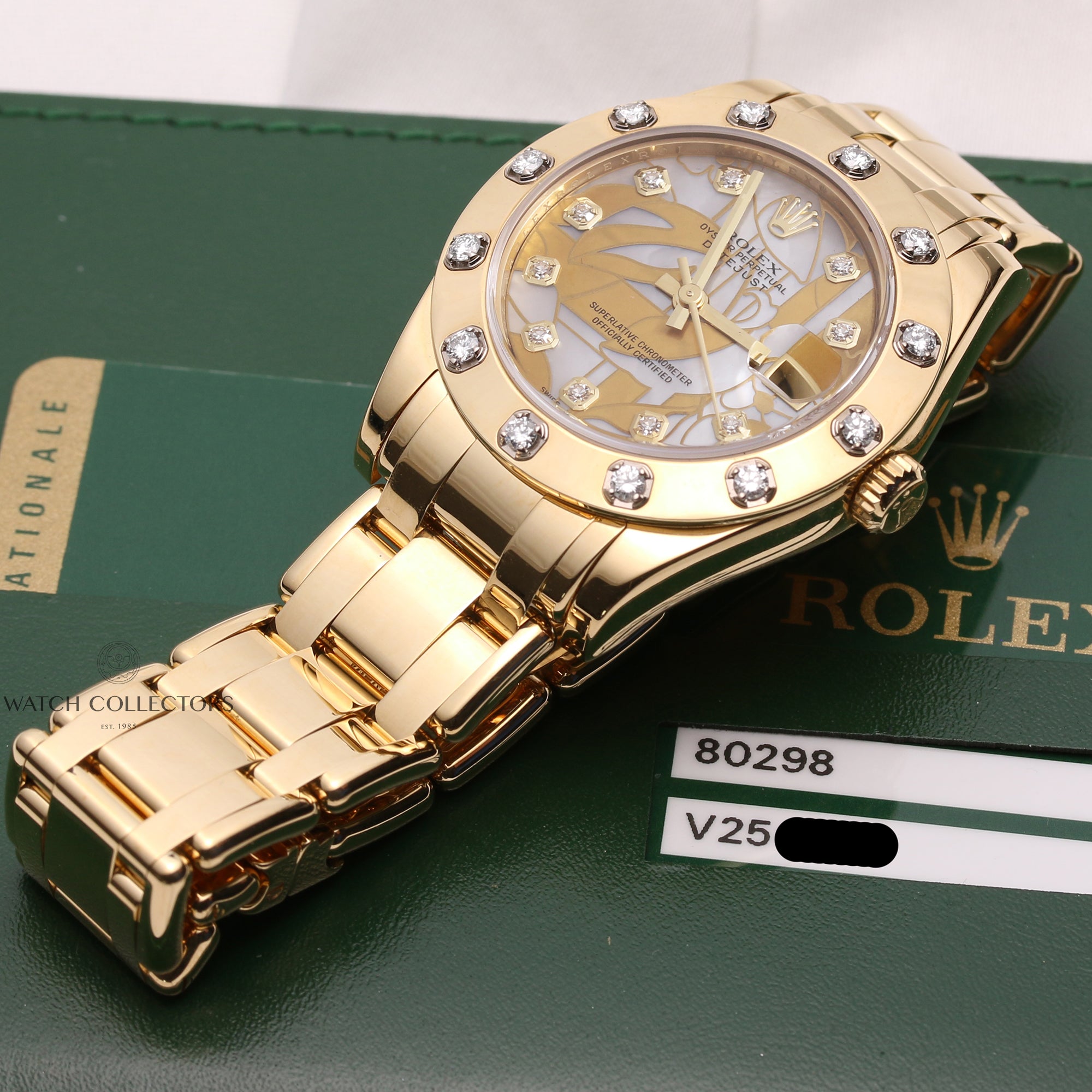 Rolex-DateJust-Pearlmaster-81318-Diamond-Bezel-MOP-Floral-Dial-18K-Yellow-Gold-Second-Hand-Watch-Collectors-7