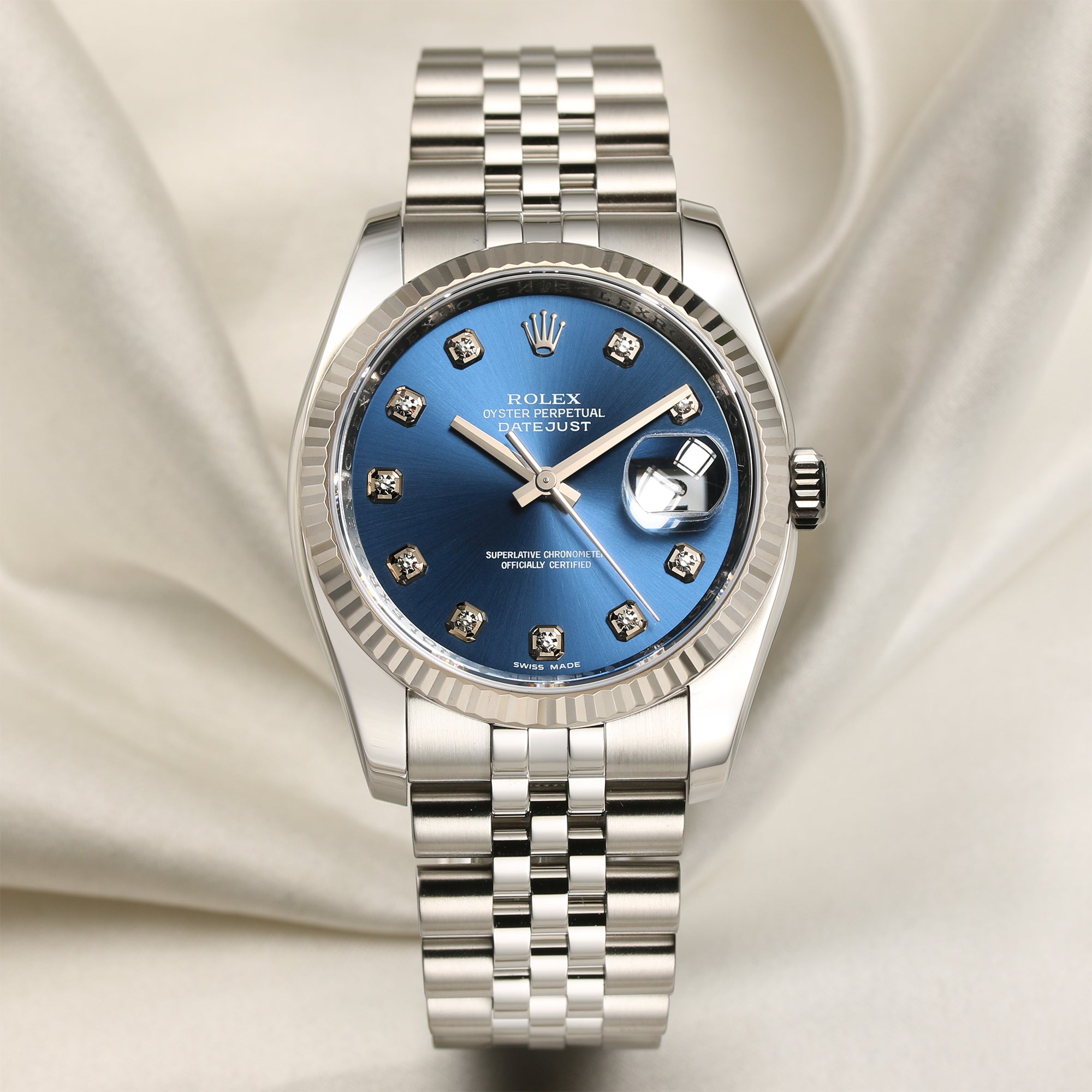 Rolex DateJust 116234 Blue Diamond Dial Stainless Steel 18k White Gold Bezel