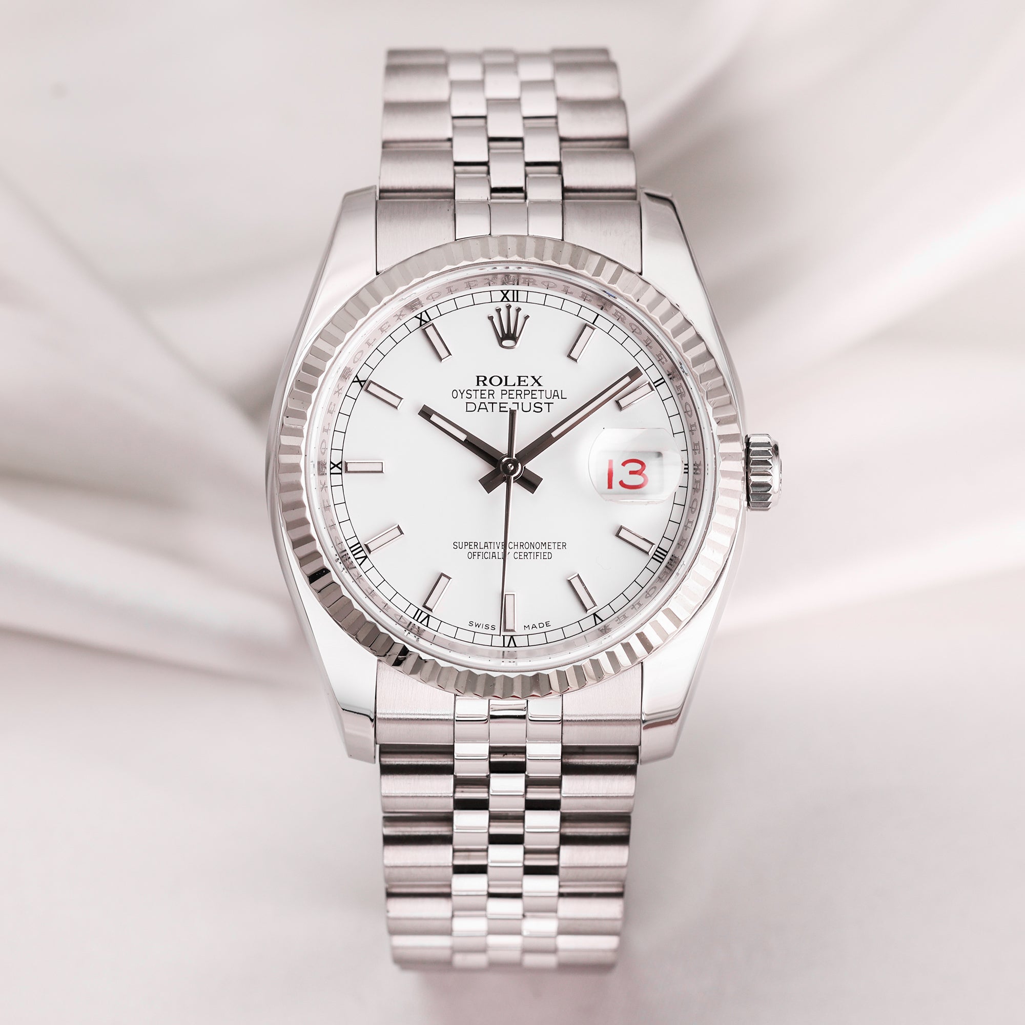 Rolex DateJust 116234 White Dial Roulette date wheel Steel  18k White Gold bezel