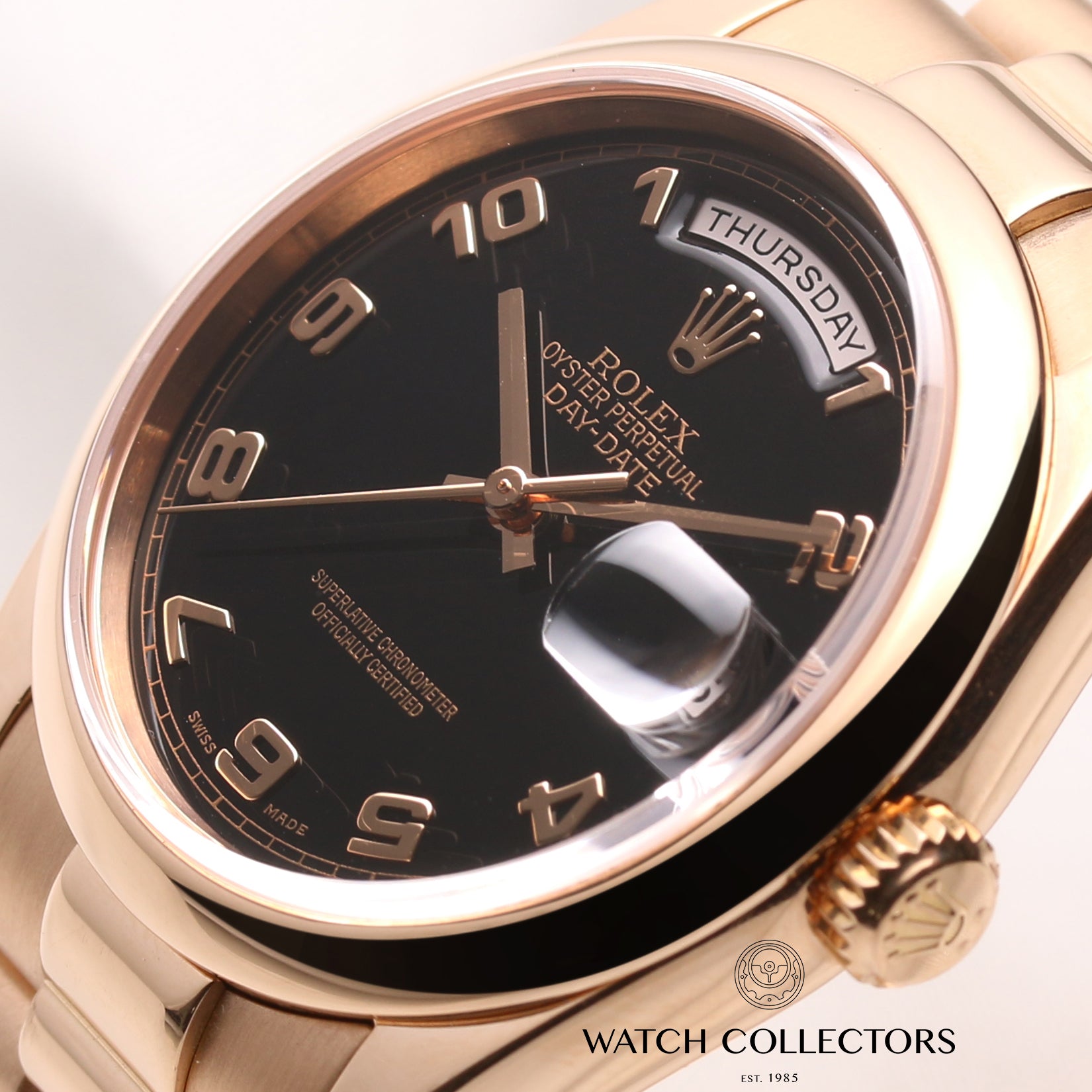 Rolex-Day-Date-118205-Black-Dial-18K-Rose-Gold-Second-Hand-Watch-Collectors-4