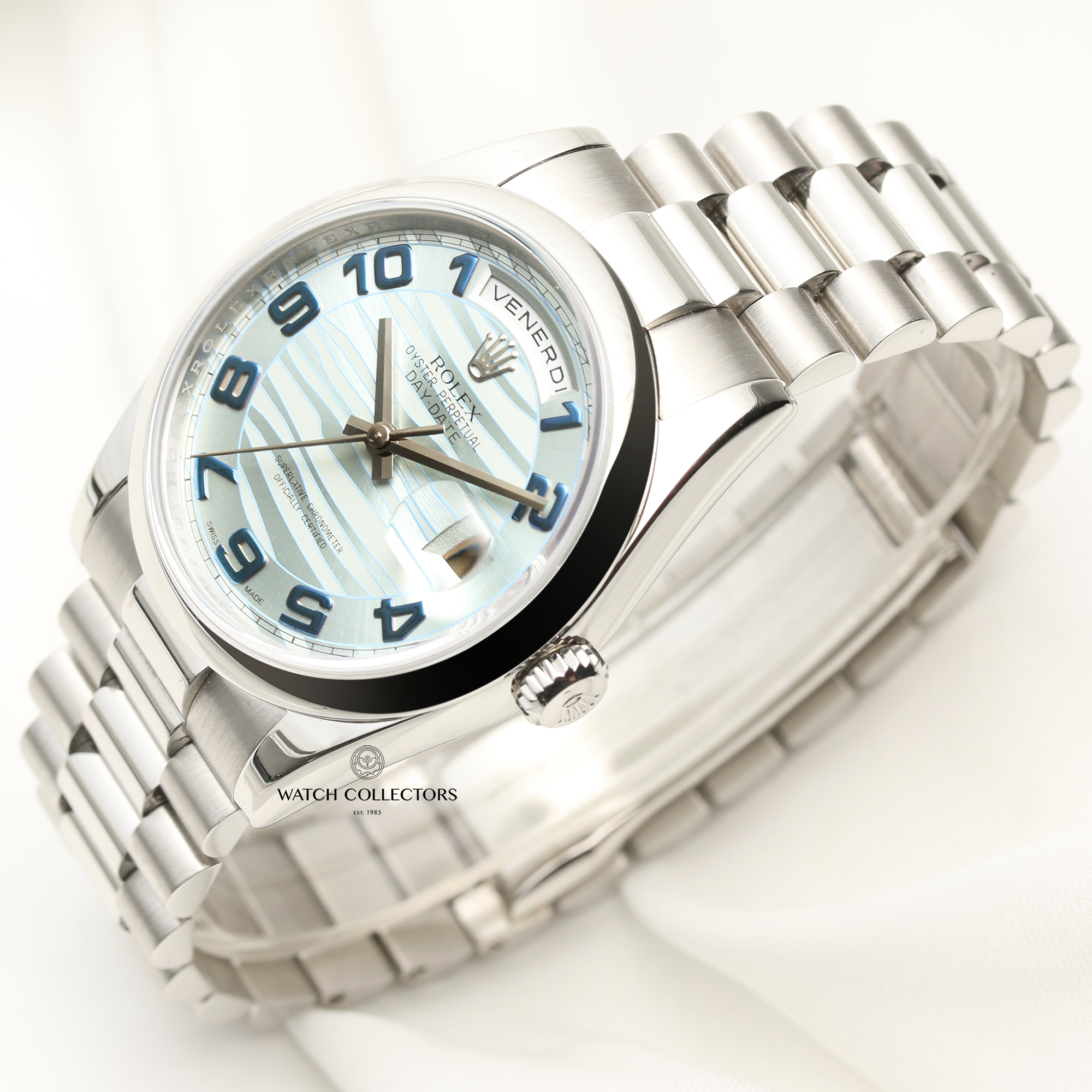 Rolex Day-Date 118206 Platinum Ice Blue Glacier Wave Arabic Numeral Dial Second Hand Watch Collectors 3