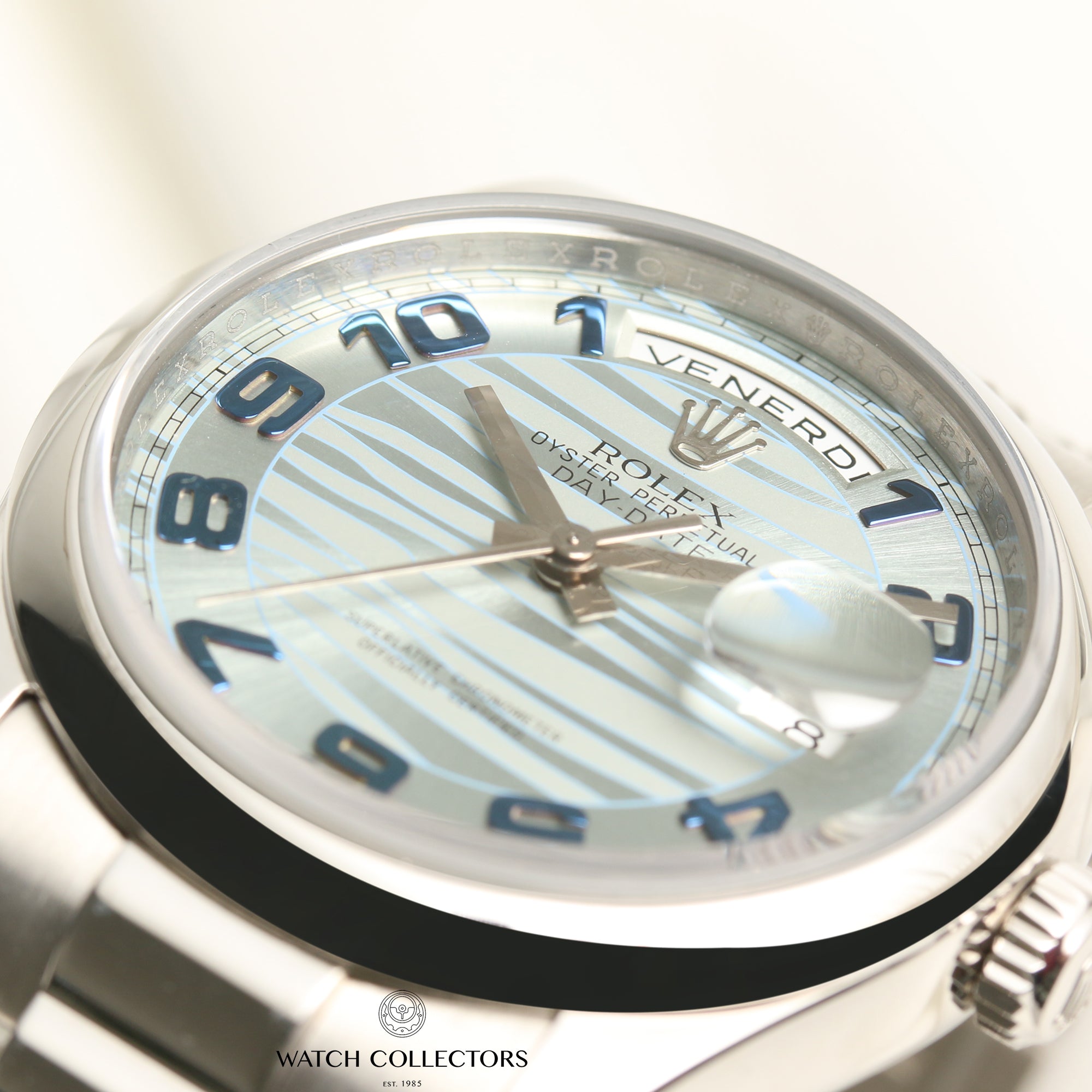 Rolex Day-Date 118206 Platinum Ice Blue Glacier Wave Arabic Numeral Dial Second Hand Watch Collectors 4