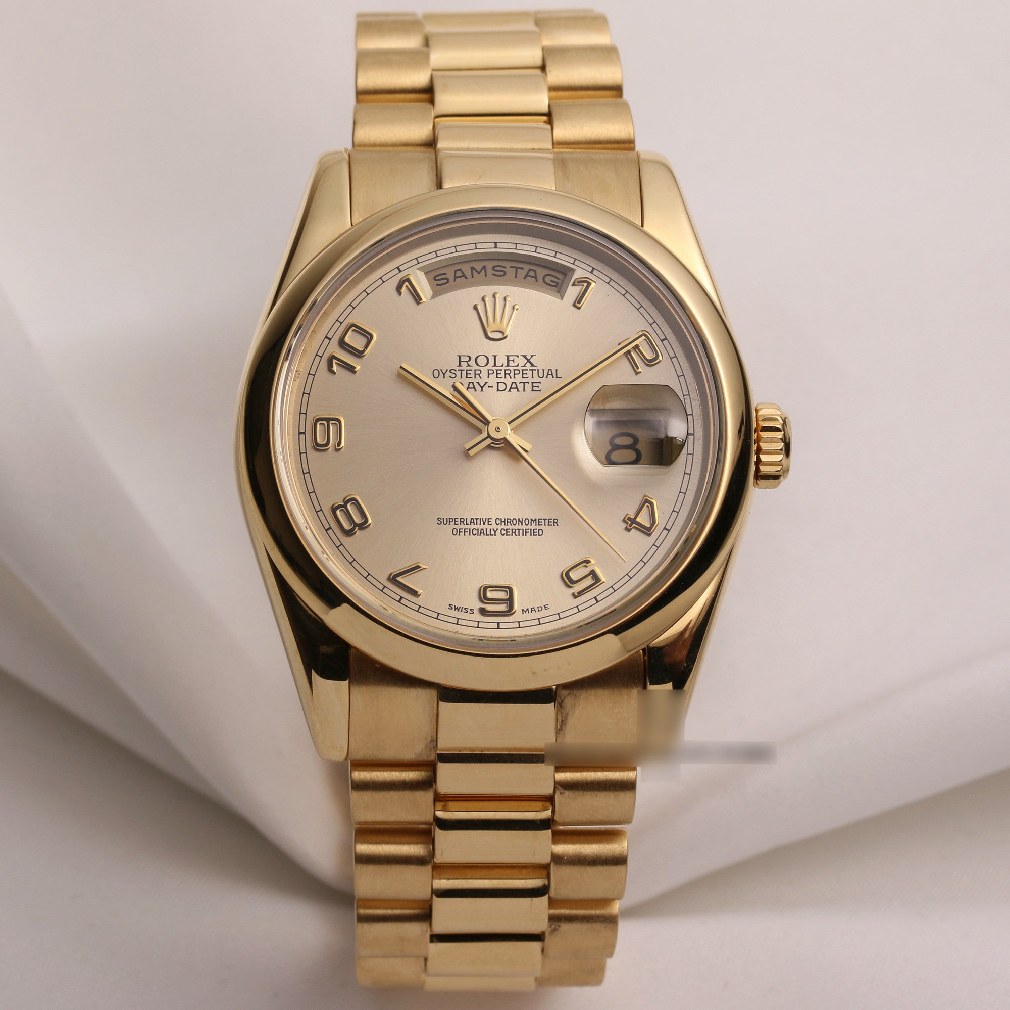 Rolex-Day-Date-118208-Champagne-Arabic-Numeral-Dial-18K-Yellow-Gold-Second-Hand-Watch-Collectors-1-1