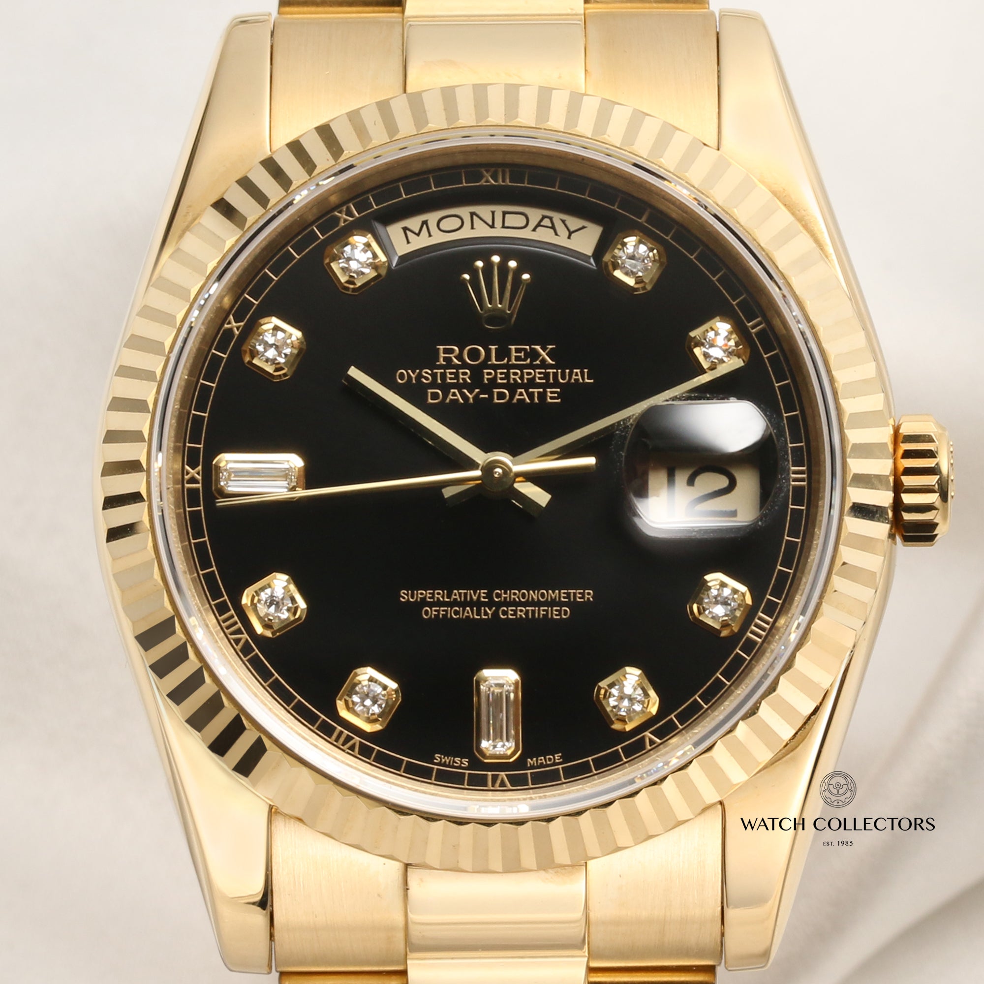 Rolex Day-Date 118238 18K Yellow Gold Black Diamond Dial Second Hand Watch Collectors 2
