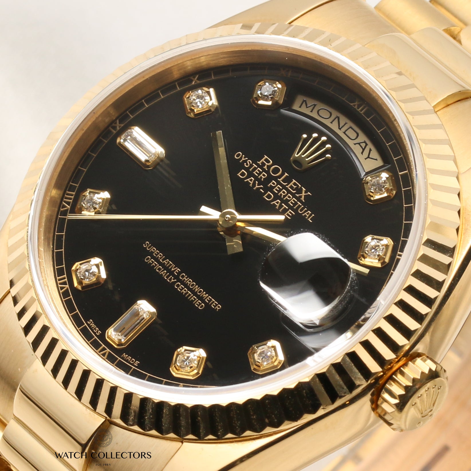 Rolex Day-Date 118238 18K Yellow Gold Black Diamond Dial Second Hand Watch Collectors 4