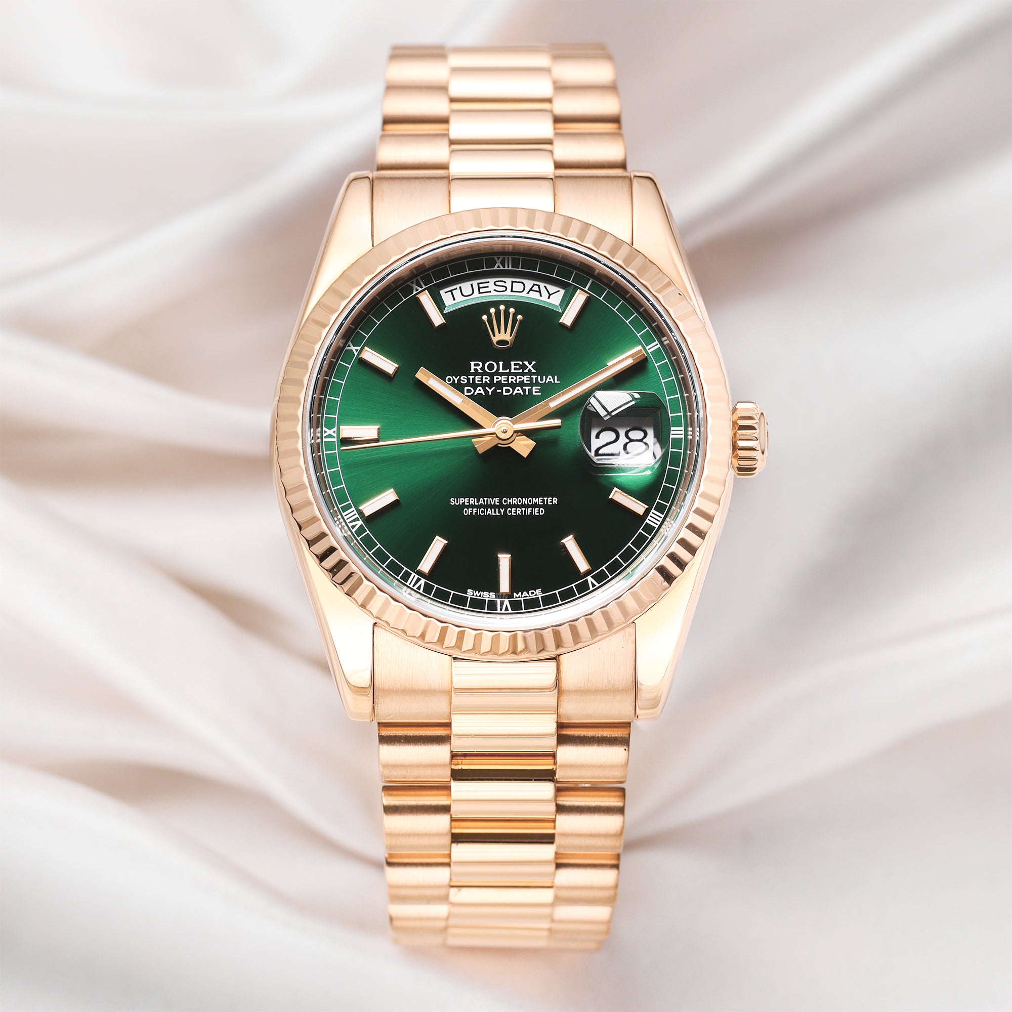 stress Janice Stuepige Rolex Day-Date | REF. 118238 | Green Dial | 18k Yellow Gold – Watch  Collectors