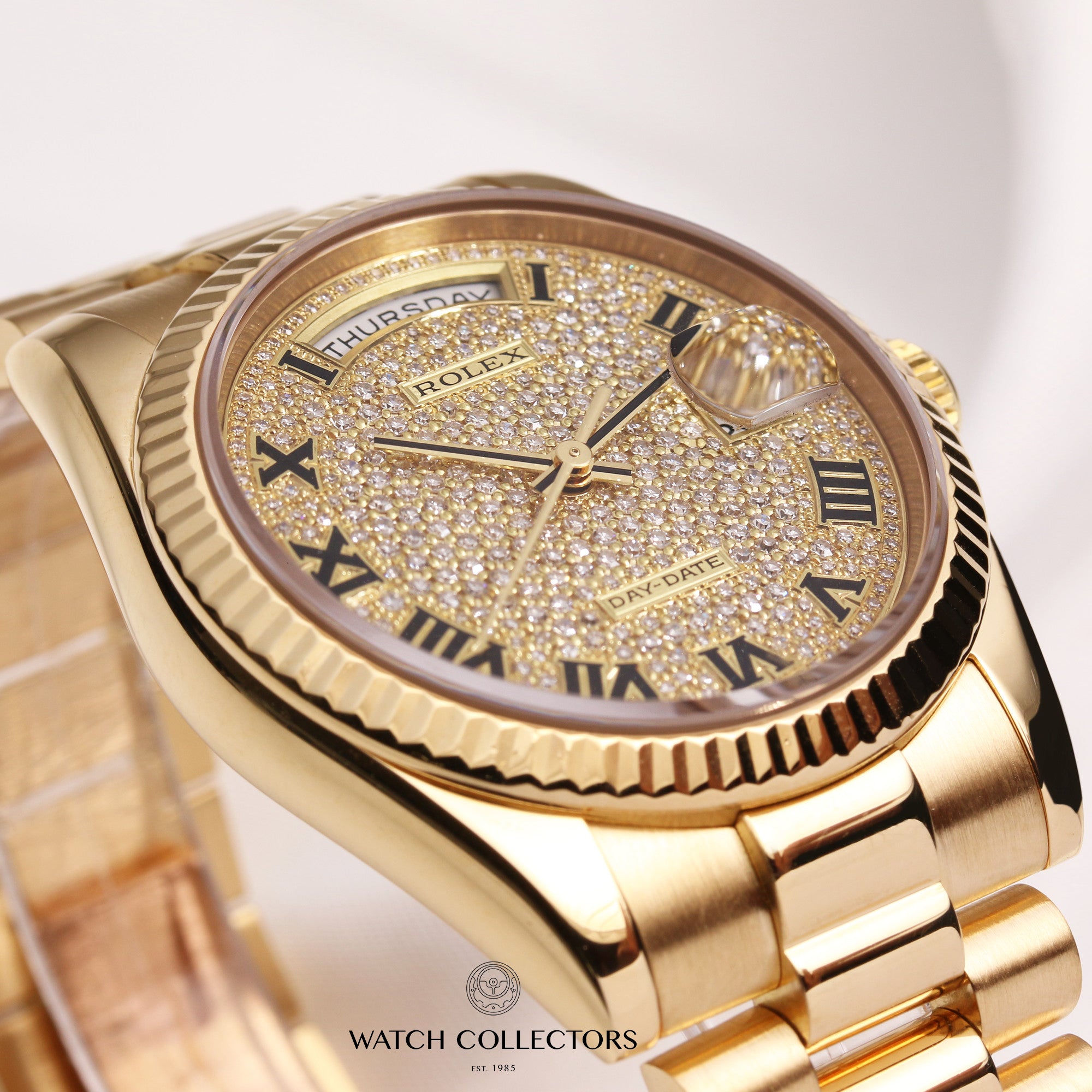 Rolex-Day-Date-118238-18K-Yellow-Gold-Pave-Dial-Second-Hand-Watch-Colelctors-5