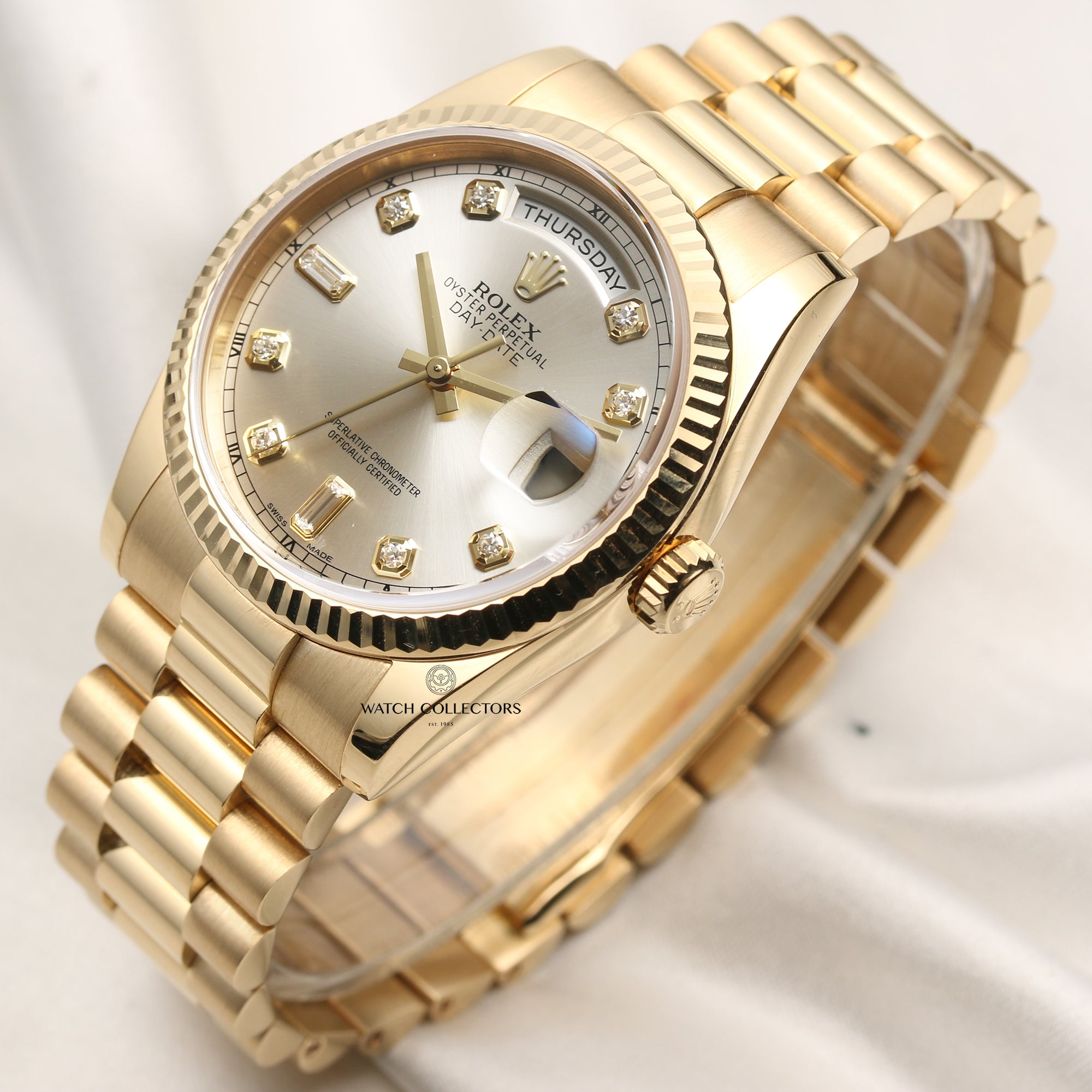 Rolex Day-Date 118238 18K Yellow Gold Silver Diamond Dial Second Hand Watch Collectors 3