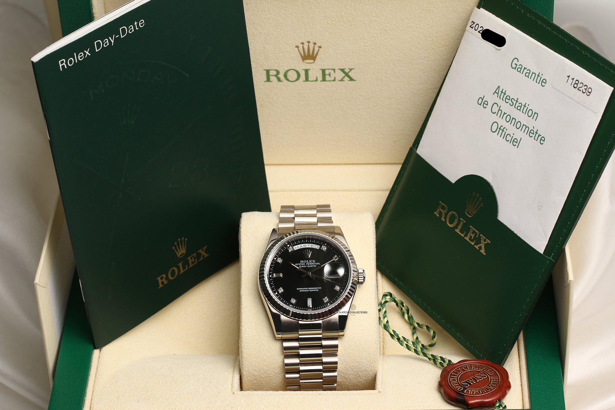 Rolex Day-Date 118239 18K White Gold Black Diamond Dial Second Hand Watch Collectors 12