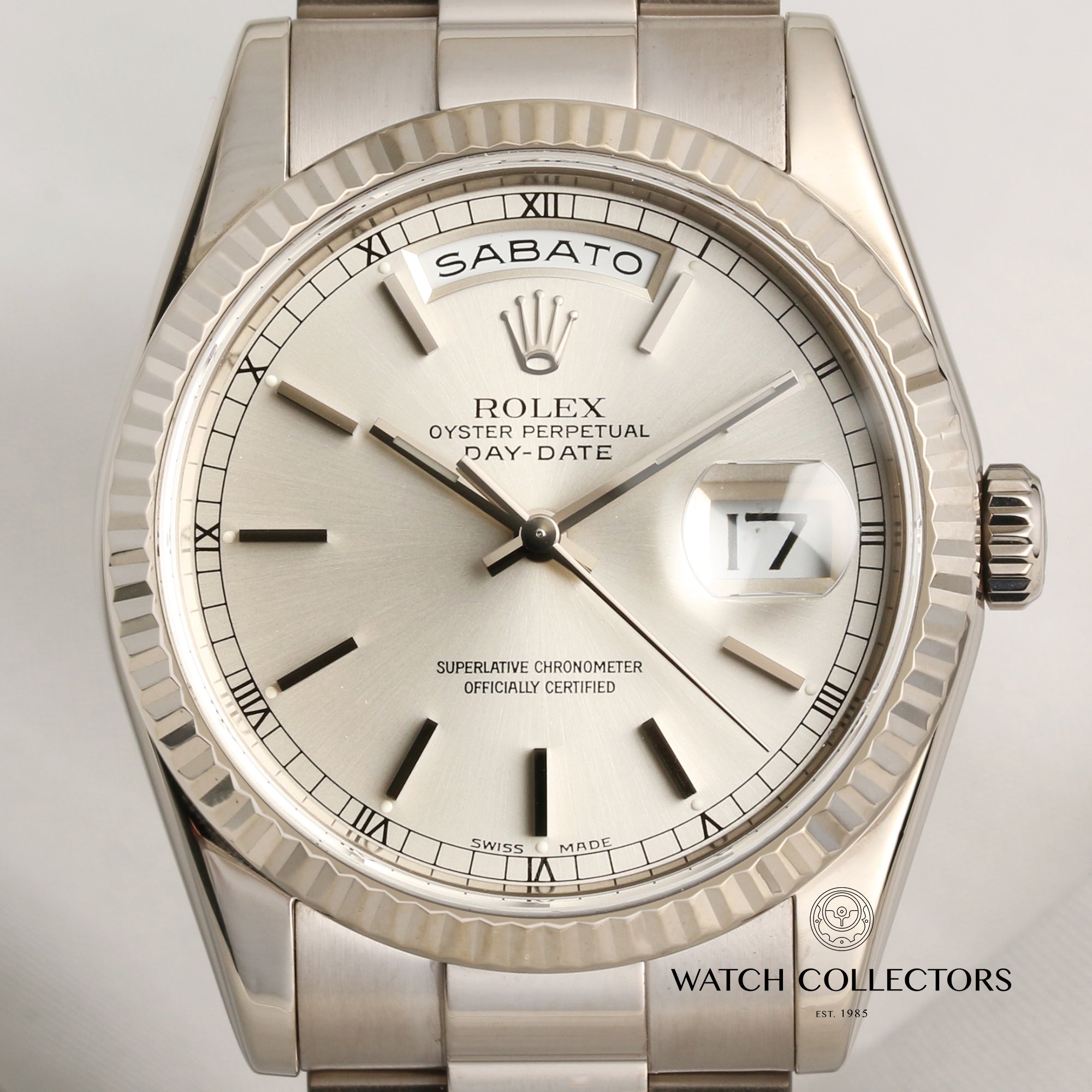 Rolex-Day-Date-118239-18K-White-Gold-Silver-Dial-Second-Hand-Watch-Collectors-2