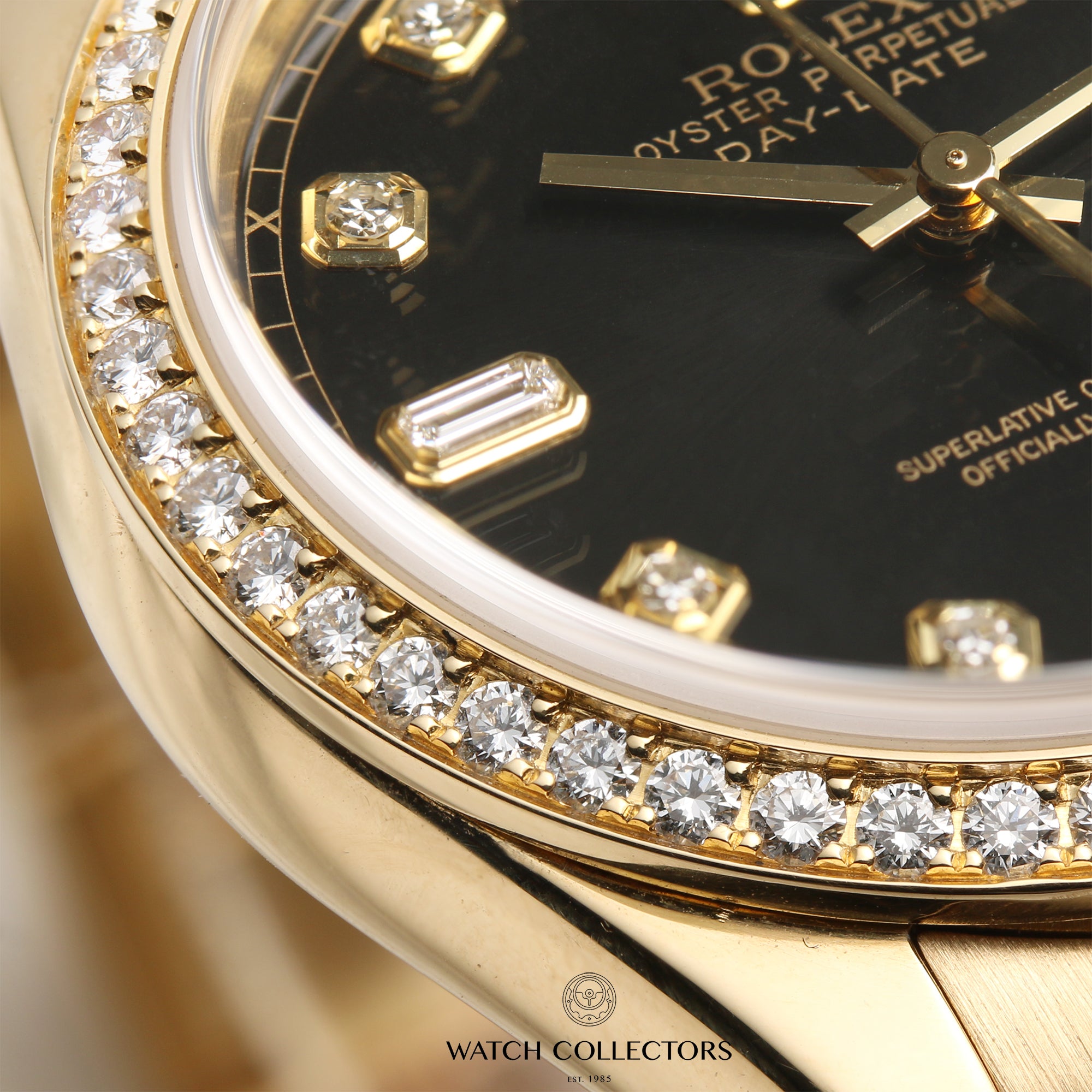 Rolex Day-Date 118348 18K Yellow Gold Black Diamond Dial Diamond Bezel Second Hand Watch Collectors 6