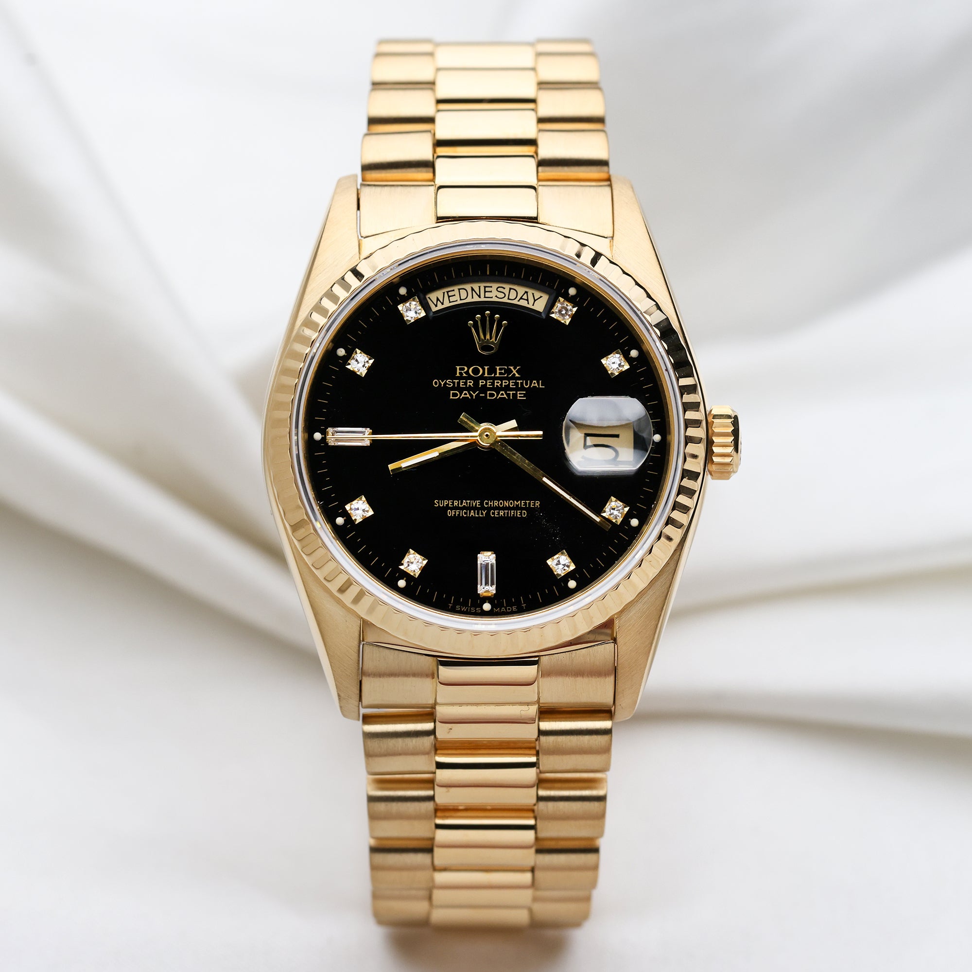 Plantation Morse kode Rose Rolex Day-Date | Black Diamond Dial | 18k Yellow Gold | REF. 18038 – Watch  Collectors