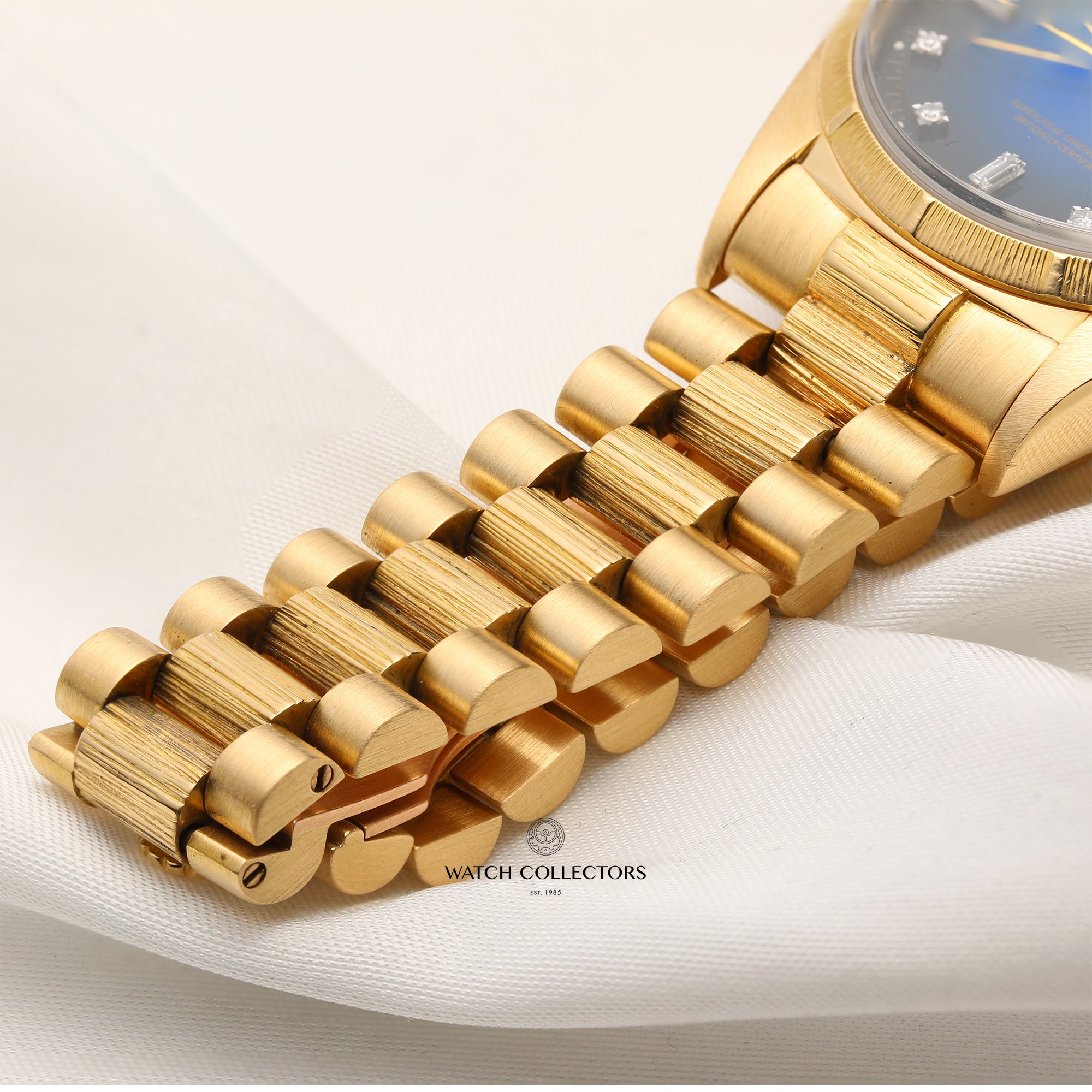 Rolex Day-Date 18078 Bark Finish Blue Degrade Vingette Diamond Dial 18K Yellow Gold Second Hand Watch Collectors 8