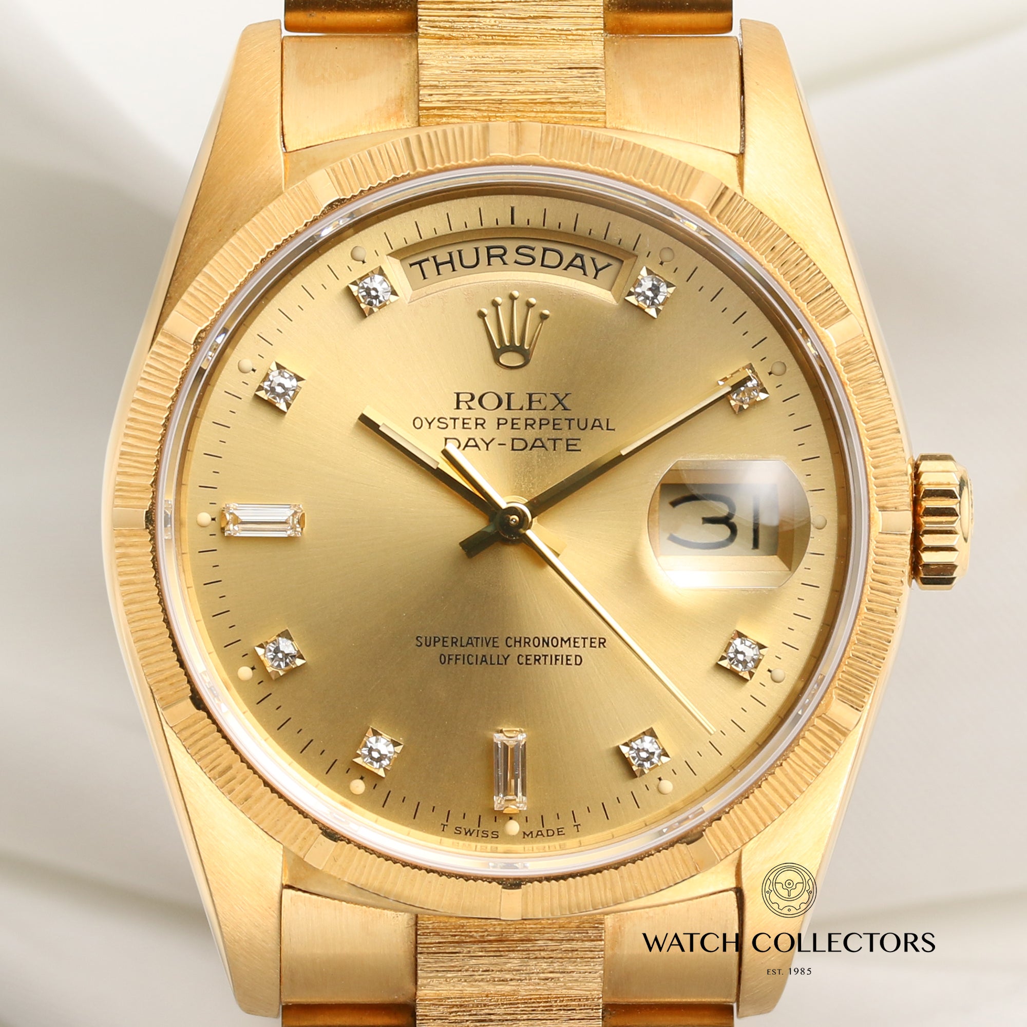 Rolex Day-Date 18248 18K Yellow Gold Champagne Diamond Dial Bark Bezel & Bracelet Second Hand Watch Collectors 2