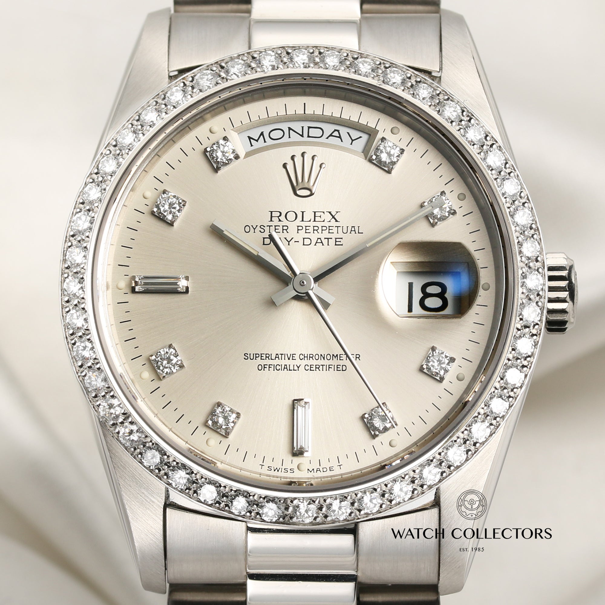 Rolex Day-Date 18346 Platinum Diamond Bezel Silver Diamond Dial Second Hand Watch Collectors 2