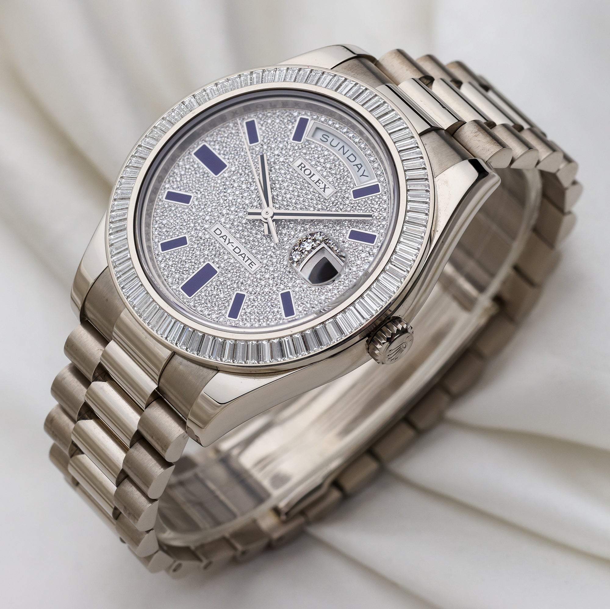 Rolex Day-Date 18K White Gold 218399BR Pave Baguette Diamond Second Hand Watch Collectors 3