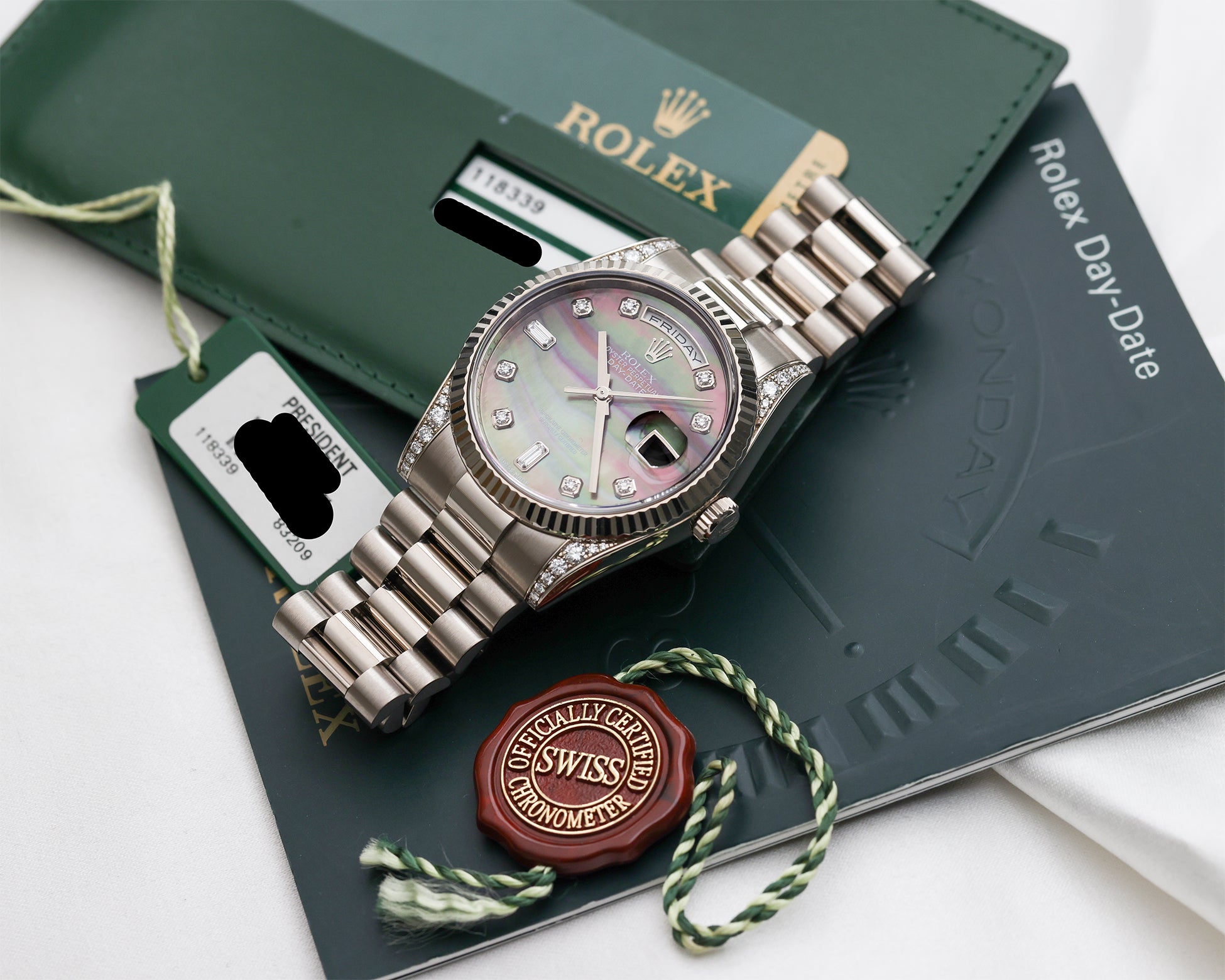 Rolex Day-Date 18K White Gold Black MOP Diamond Second Hand Watch Collectors 9