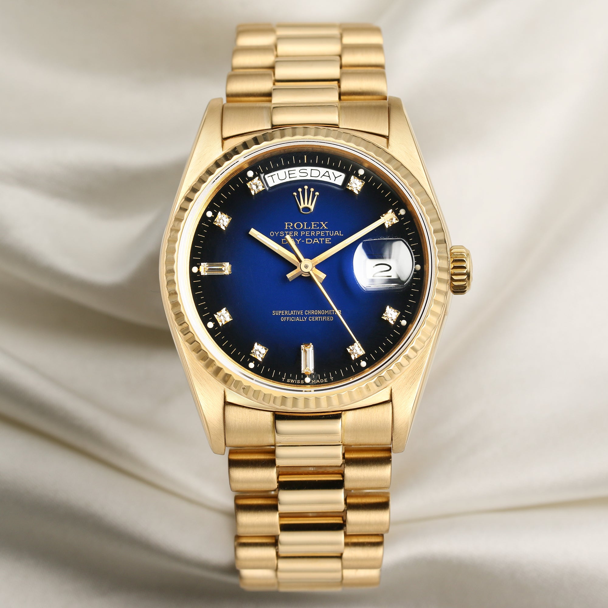 Rolex Day-Date 18K Yellow Gold Blue Degrading Diamind Dial Second Hand Watch Collectors 1
