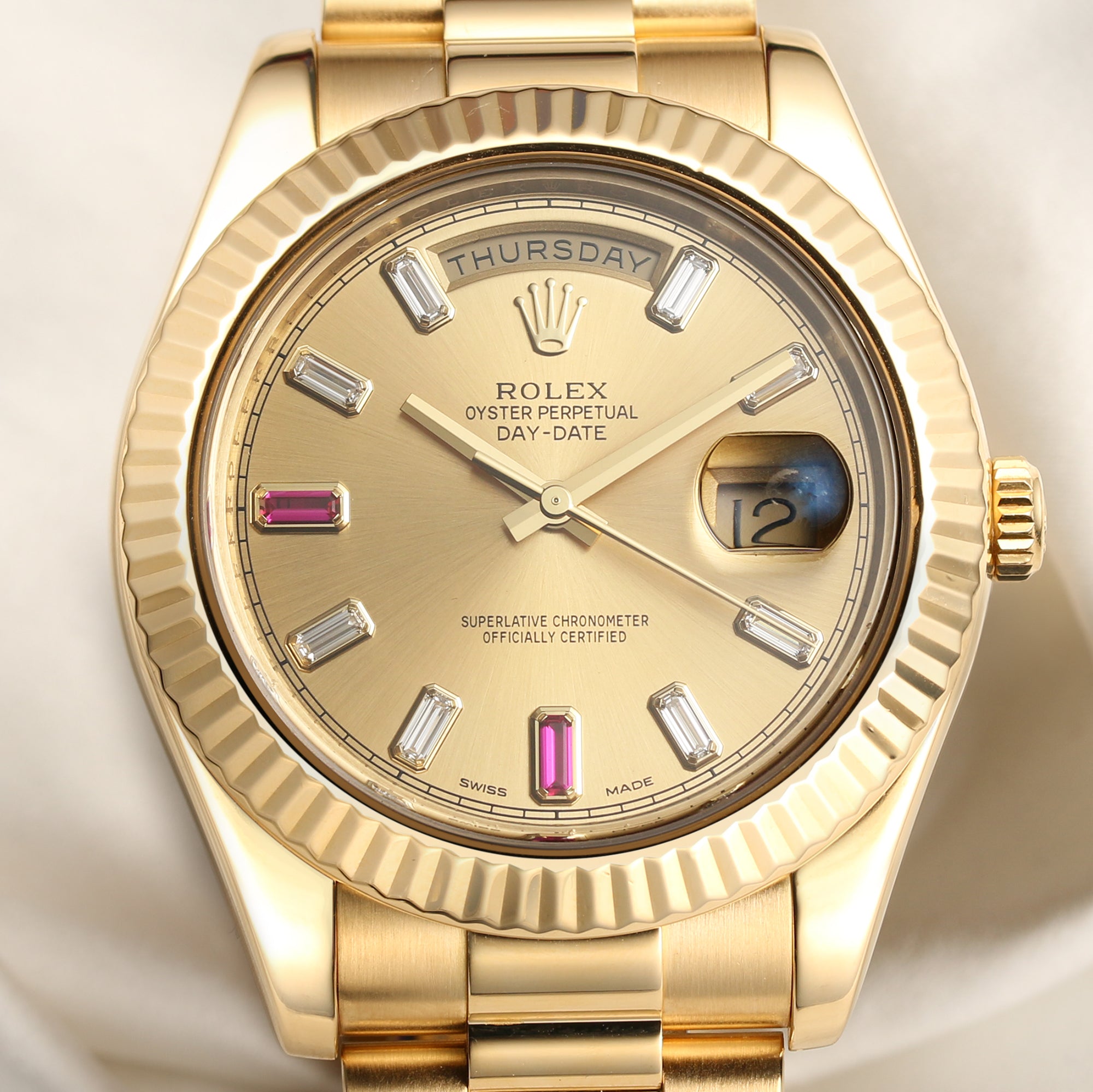 Rolex Day-Date 218238 Champagne Ruby & Diamond Dial Second hand Watch Collectors 2
