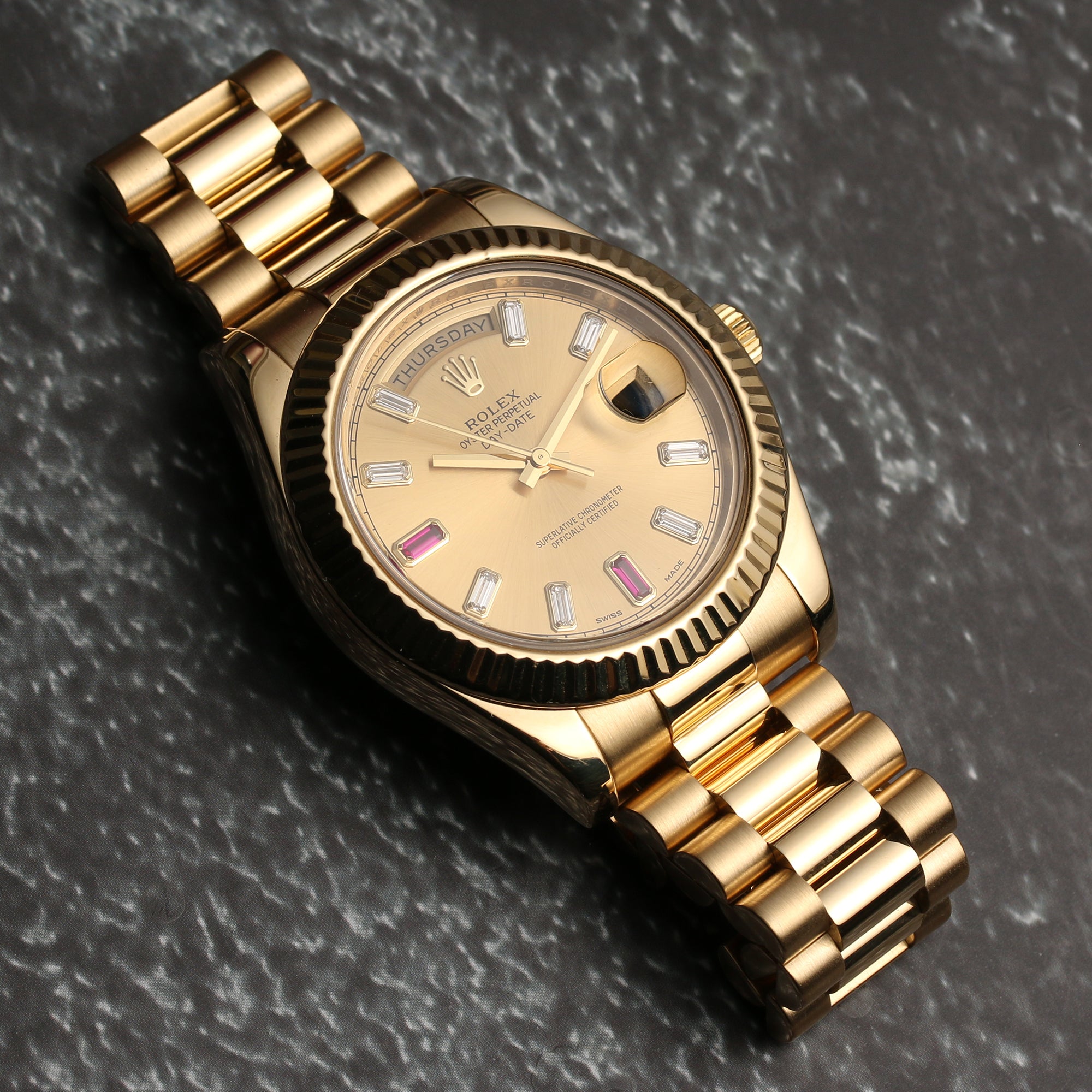 Rolex Day-Date 218238 Champagne Ruby & Diamond Dial Second hand Watch Collectors 3