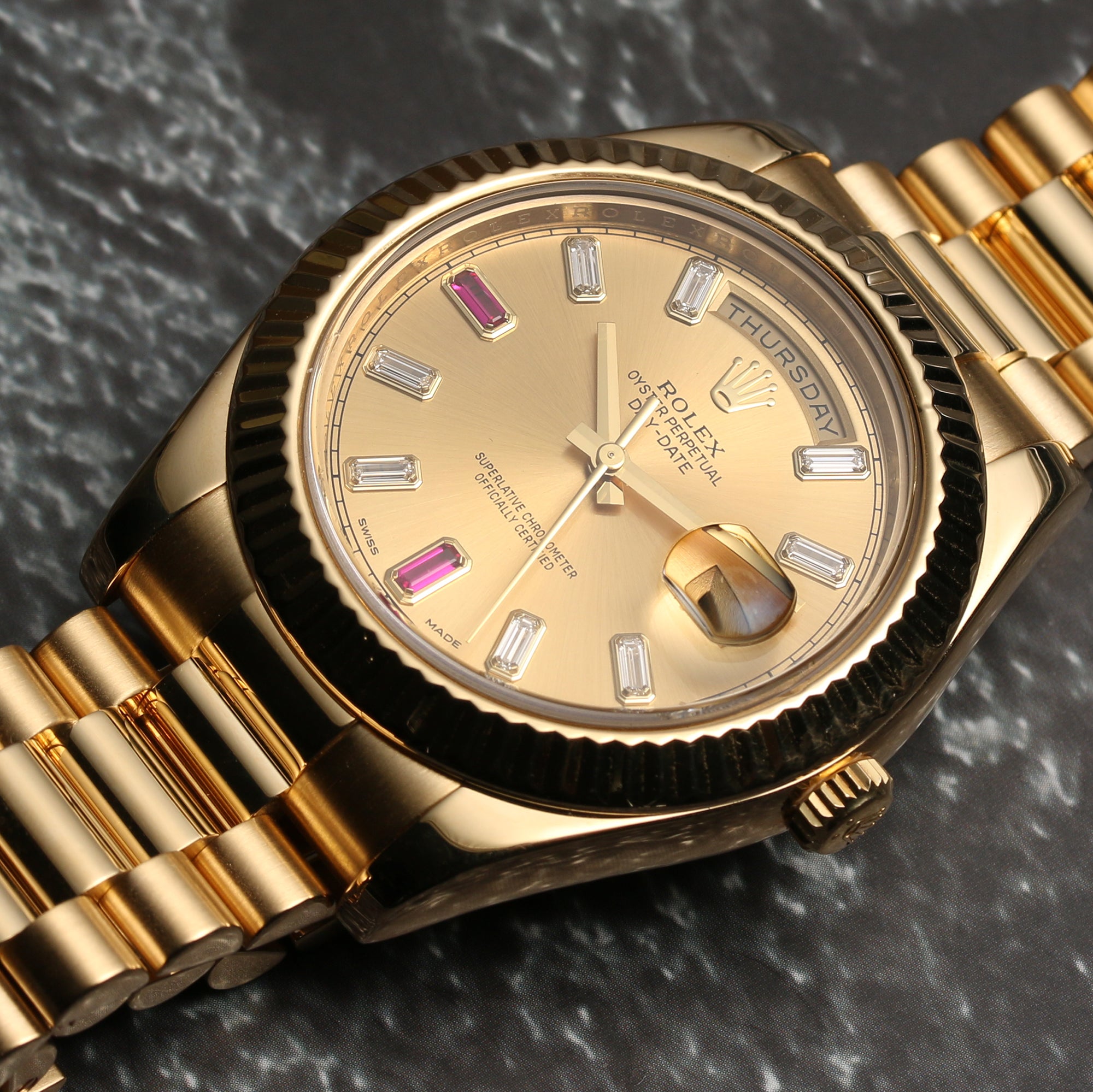 Rolex Day-Date 218238 Champagne Ruby & Diamond Dial Second hand Watch Collectors 4