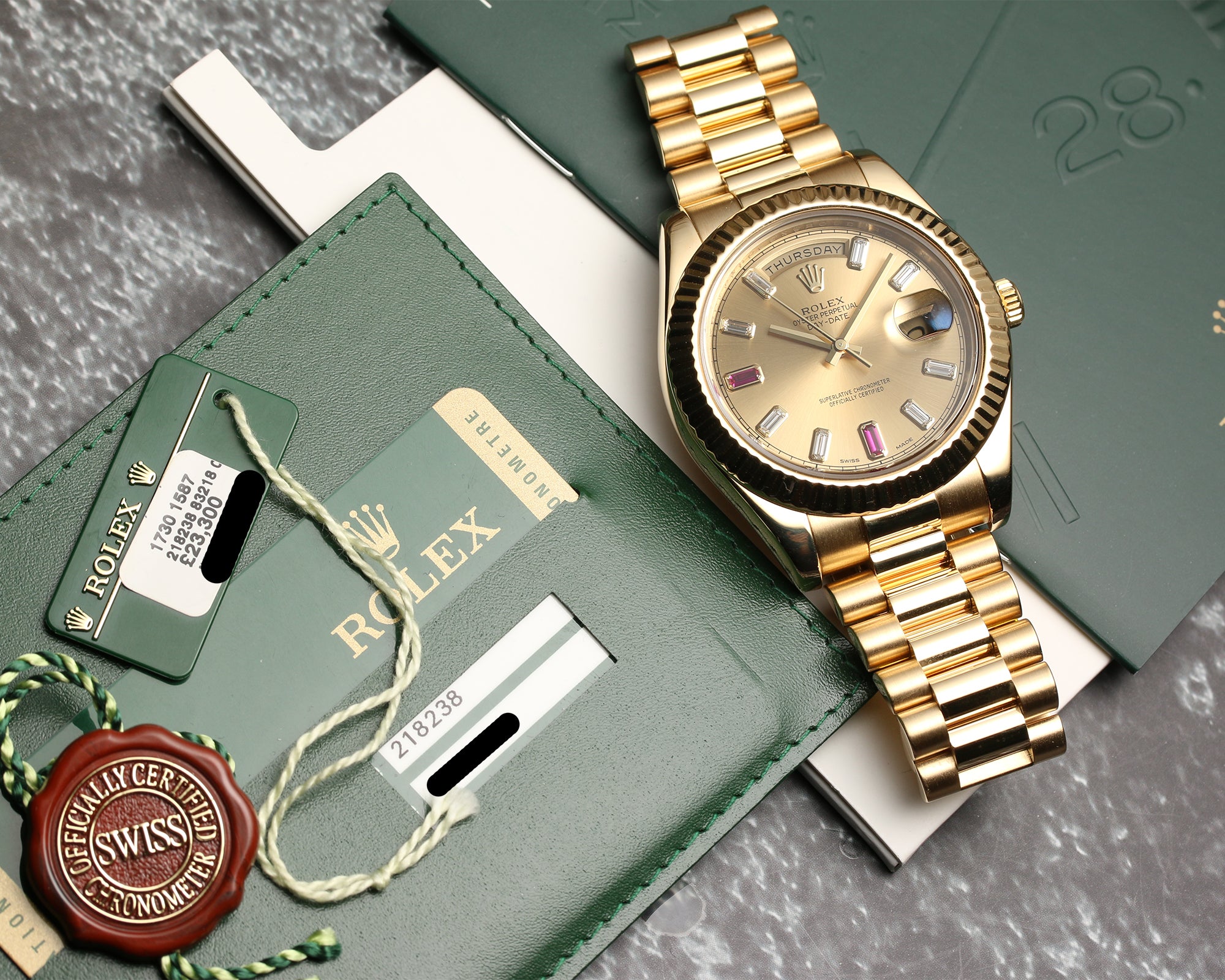 Rolex Day-Date 218238 Champagne Ruby & Diamond Dial Second hand Watch Collectors 8