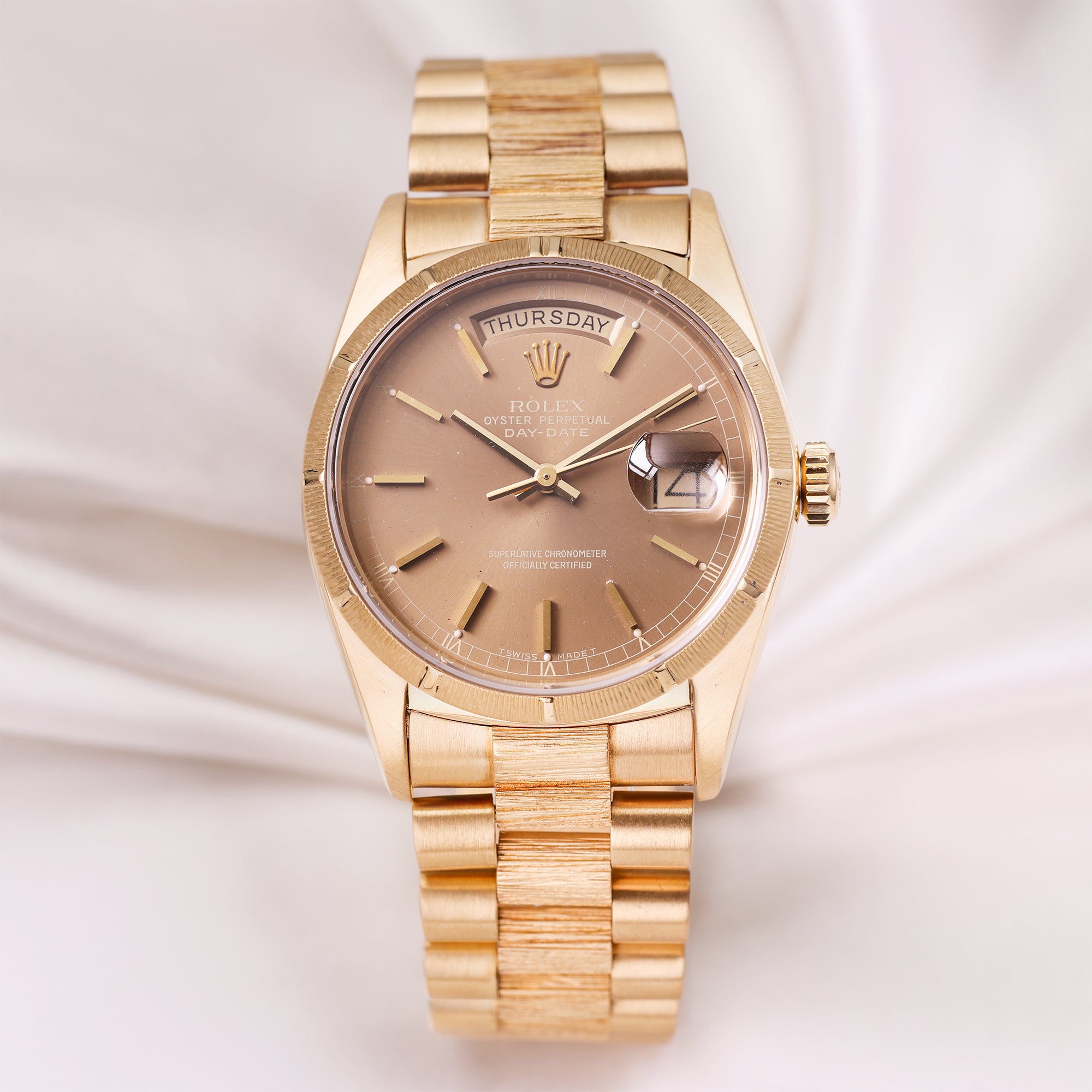 Rolex Day-Date Ghost Dial Bark Finish 18K Yellow Gold Second Hand Watch Collectors 1