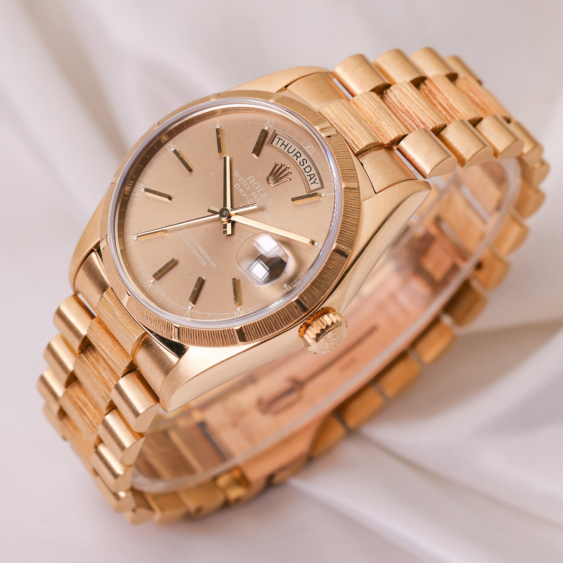 Rolex Day-Date Ghost Dial Bark Finish 18K Yellow Gold Second Hand Watch Collectors 3