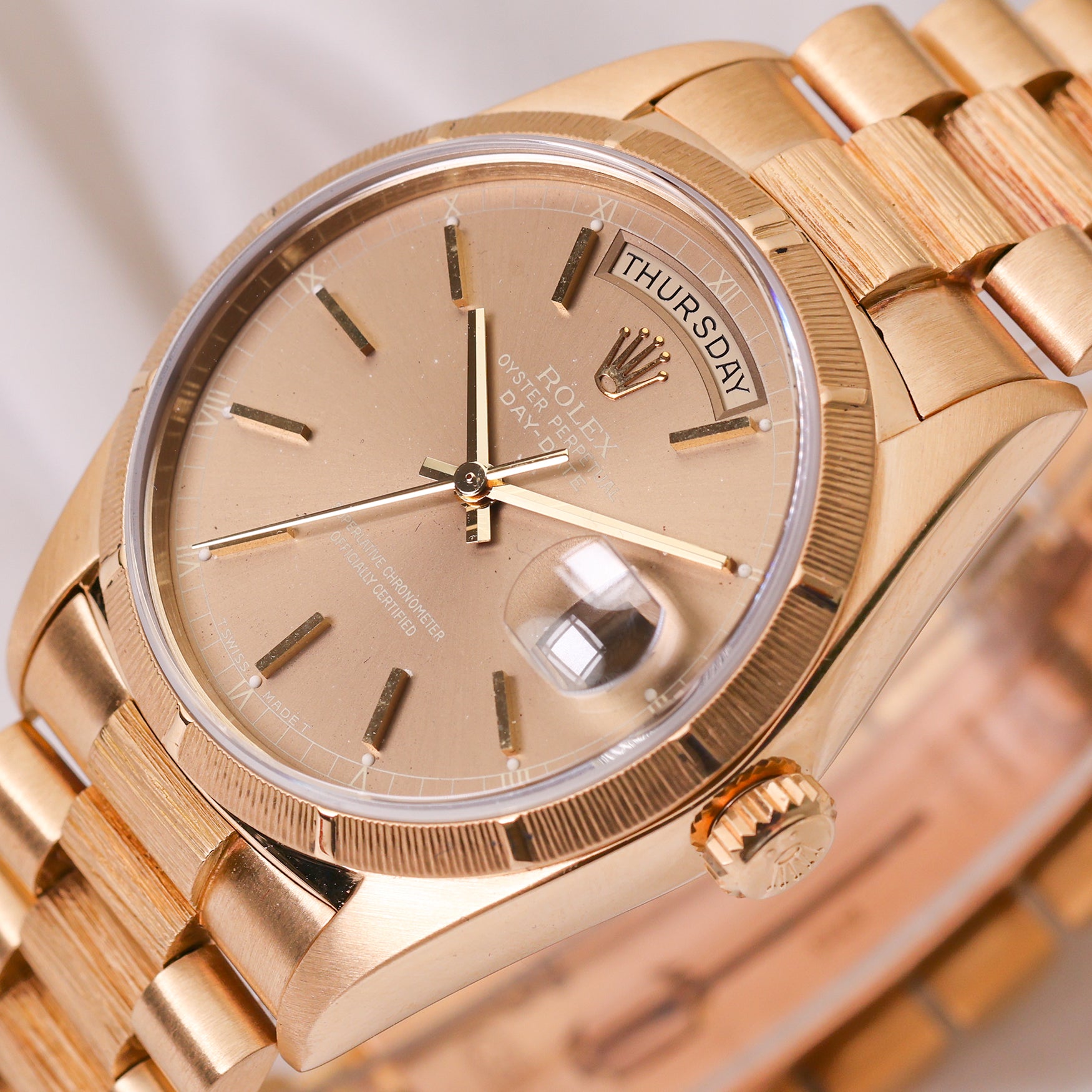 Rolex Day-Date Ghost Dial Bark Finish 18K Yellow Gold Second Hand Watch Collectors 4