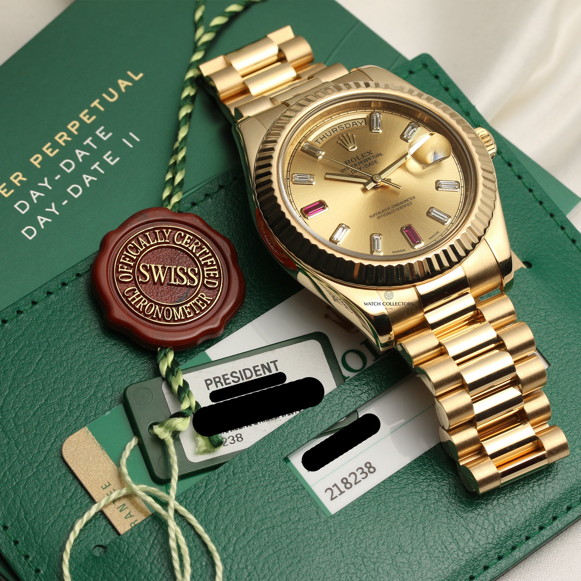 Rolex Day-Date II 218238 Champagne Ruby Diamond Dial 18K Yellow Gold Second Hand Watch Collectors 10