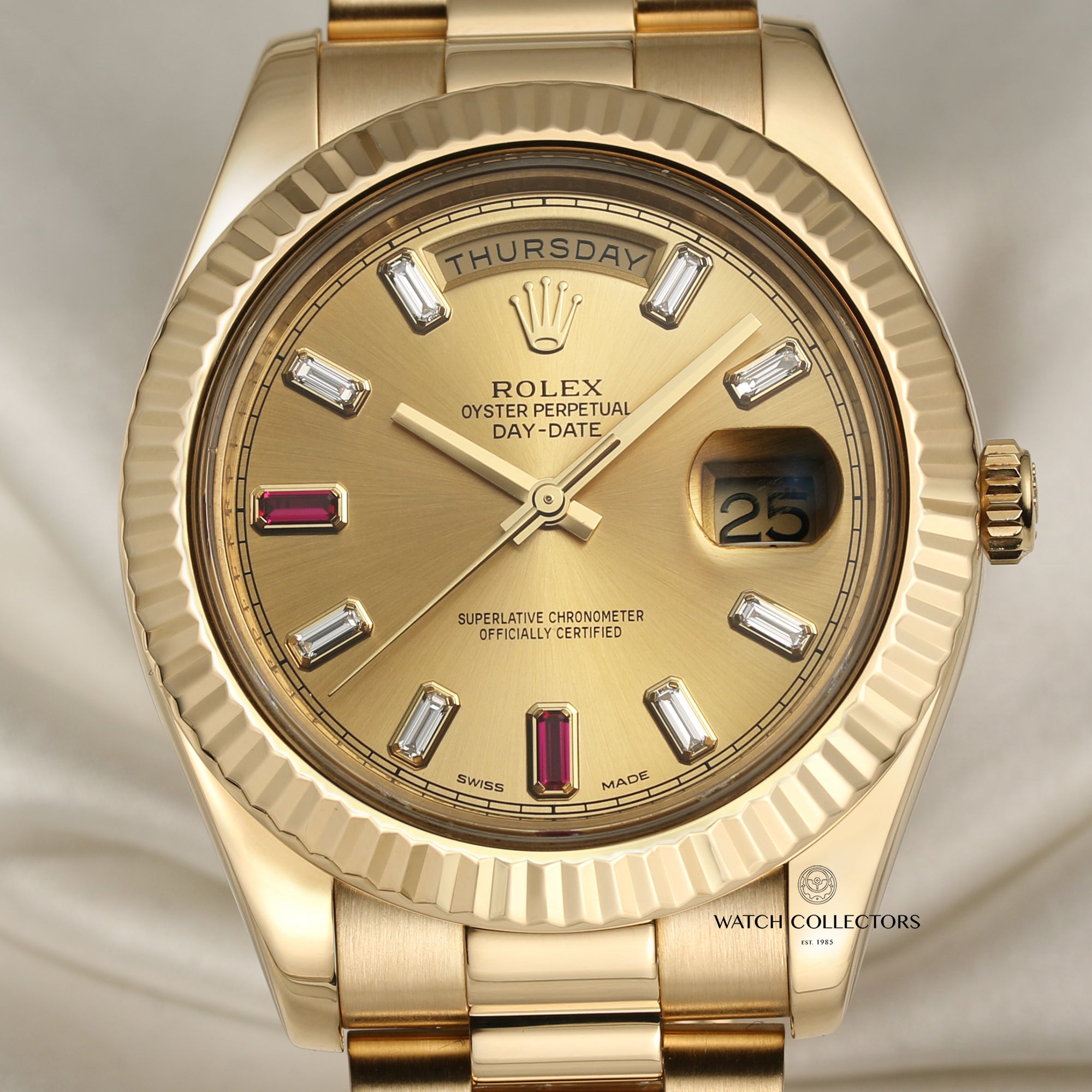 Rolex Day-Date II 218238 Champagne Ruby Diamond Dial 18K Yellow Gold Second Hand Watch Collectors 2