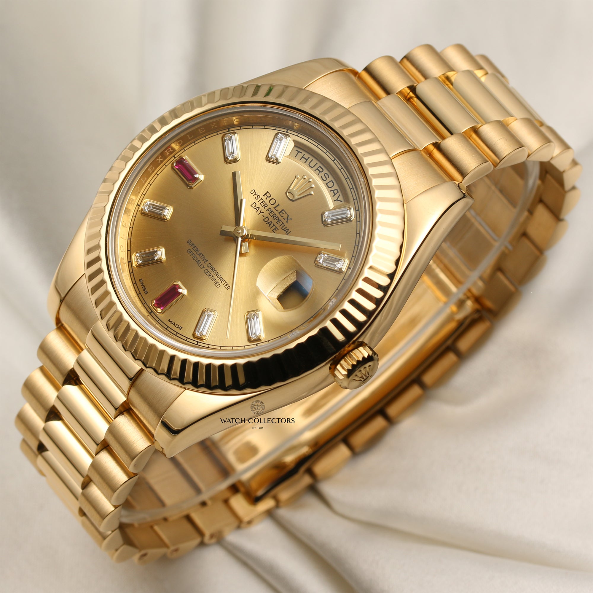 Rolex Day-Date II 218238 Champagne Ruby Diamond Dial 18K Yellow Gold Second Hand Watch Collectors 3