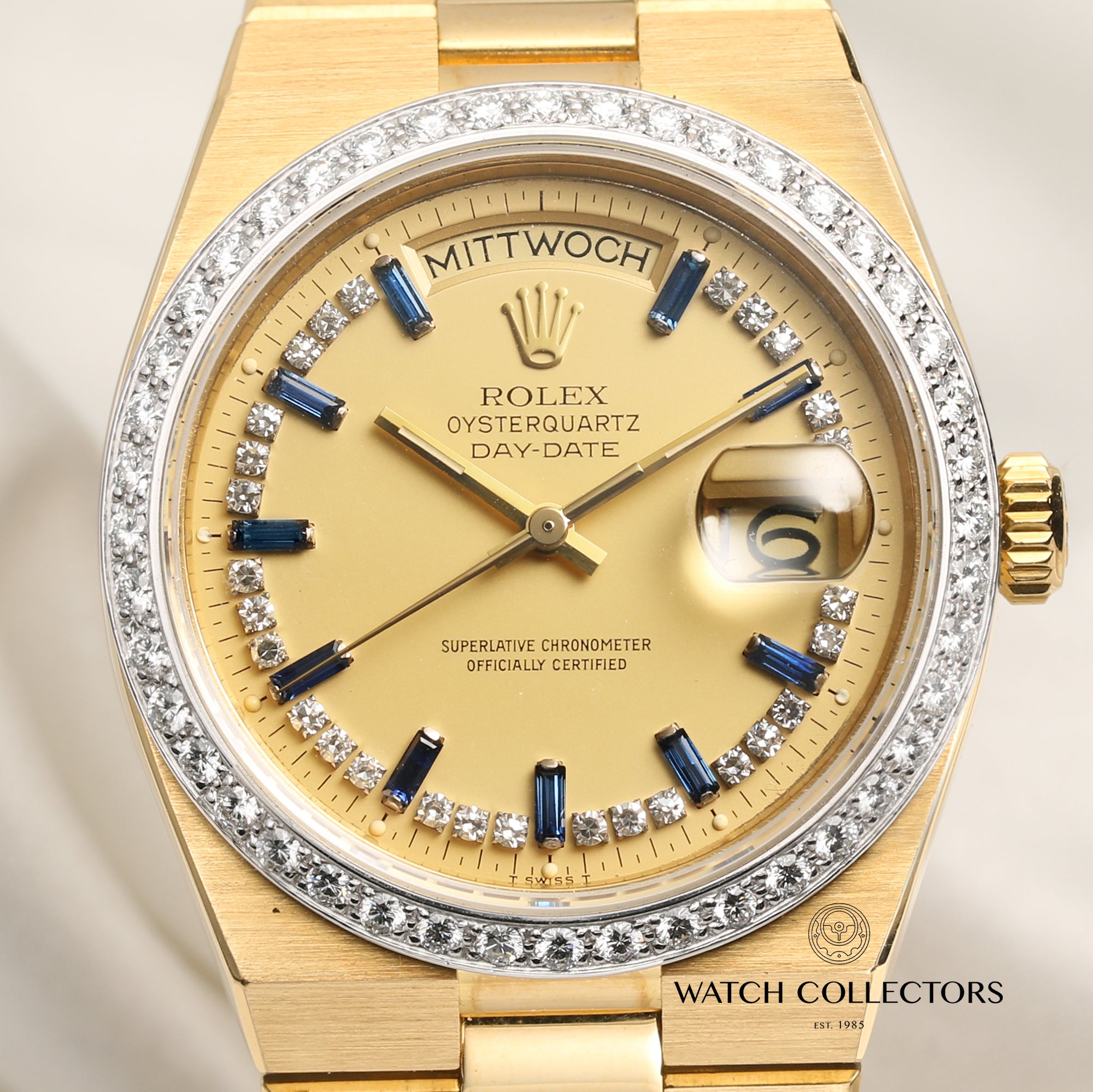 Rolex Day-Date Oyster Quartz 19048 Diamond Bezel, Sapphire Diamond string Dial 18K Yellow Gold Second Hand Watch Collectors 2