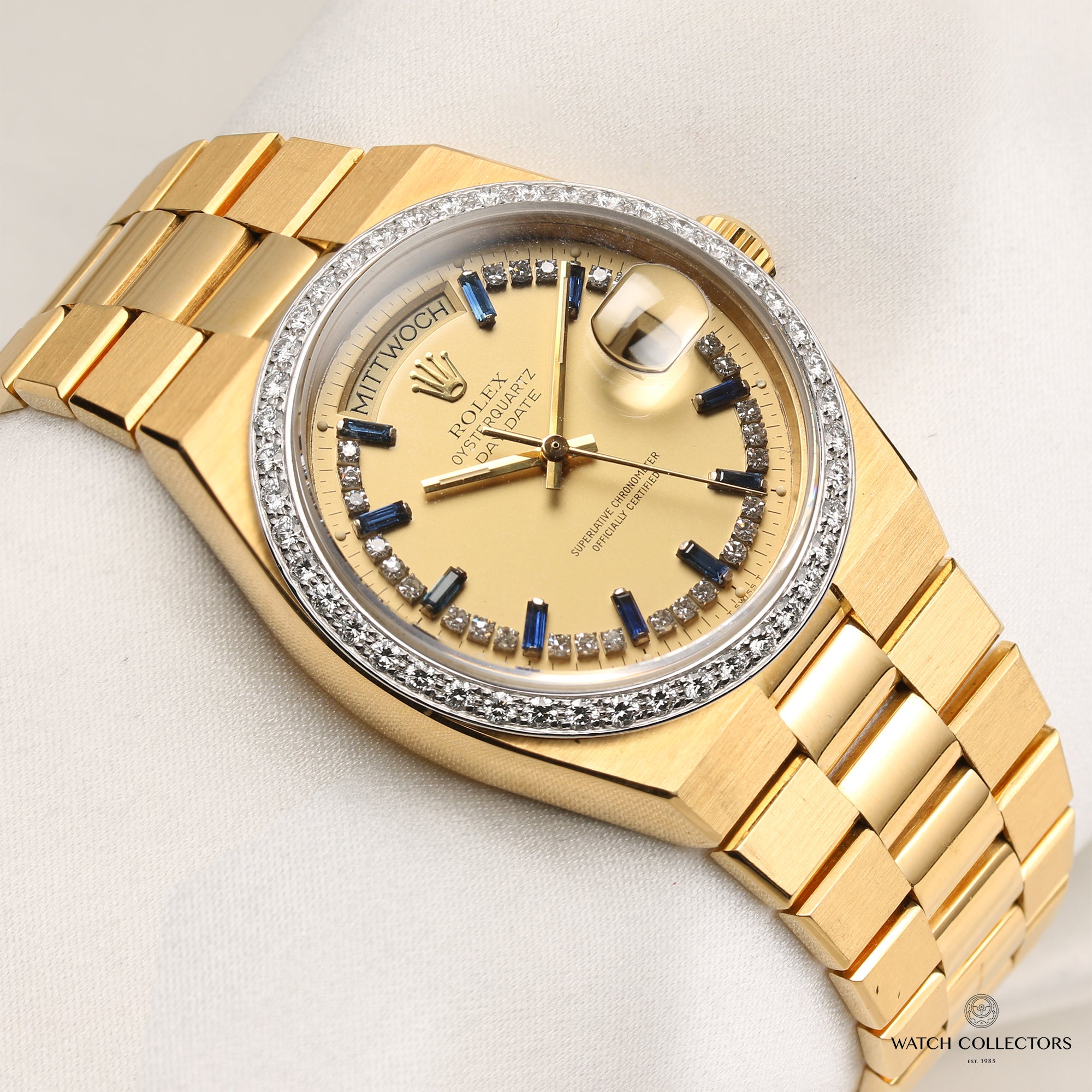 Rolex Day-Date Oyster Quartz 19048 Diamond Bezel, Sapphire Diamond string Dial 18K Yellow Gold Second Hand Watch Collectors 5