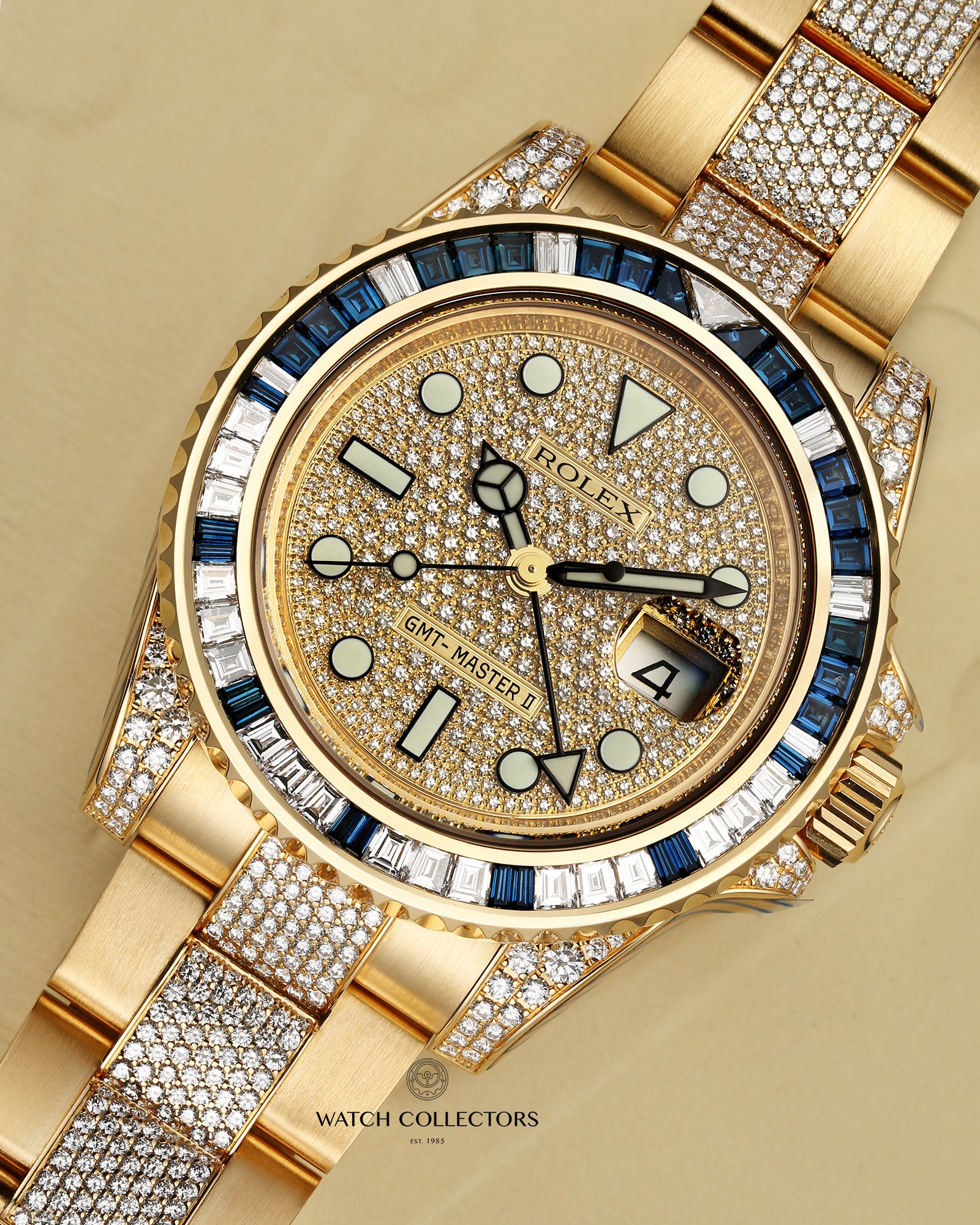 Rolex GMT Master II 116758SA Factory Set Diamond & Sapphire 18K Yellow Gold Second Hand Watch Collectors 5