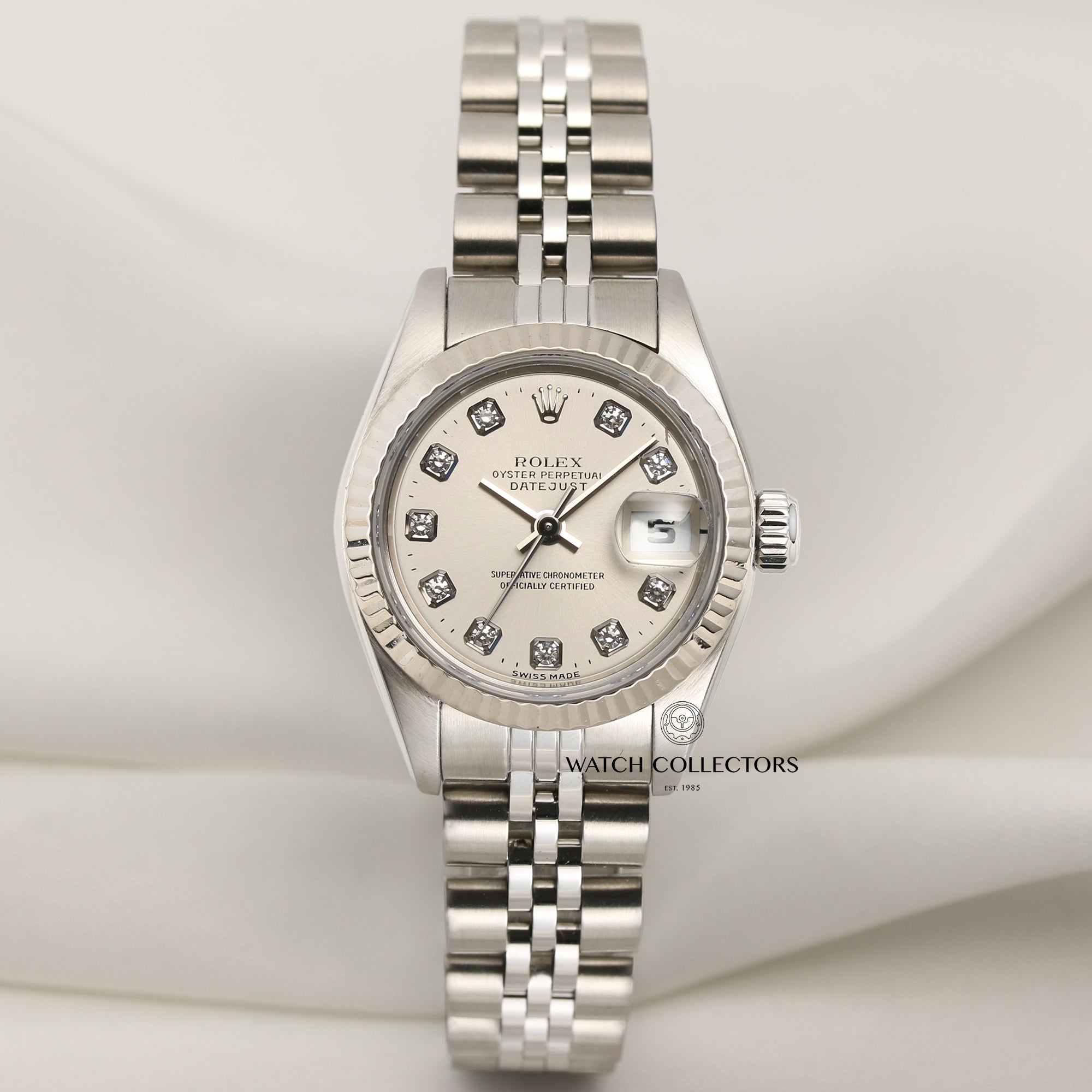 Rolex Lady DateJust 179174 Stainless Steel & 18K White Gold Bezel Silver Diamond Dial Second Hand Watch Collectors 1