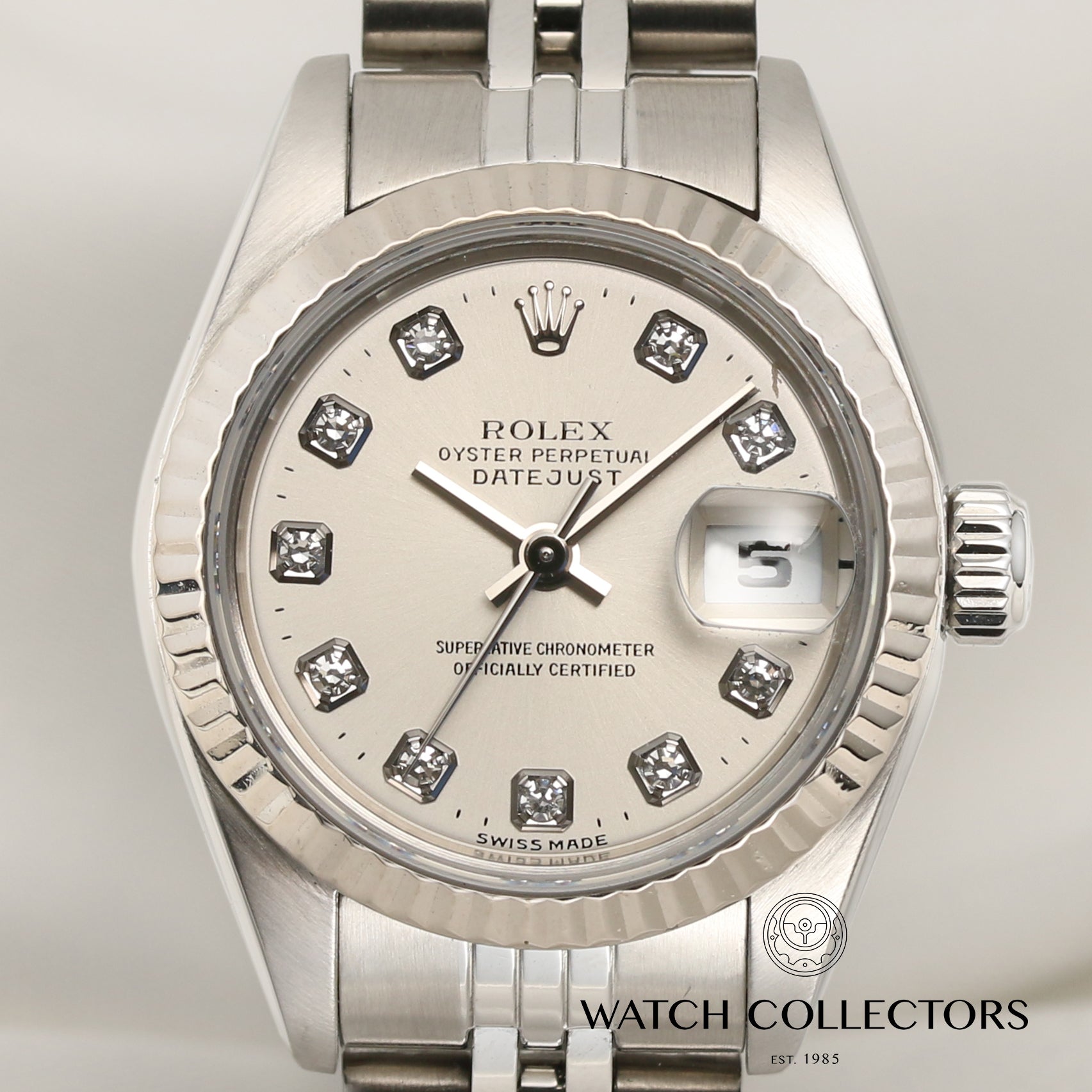 Rolex Lady DateJust 179174 Stainless Steel & 18K White Gold Bezel Silver Diamond Dial Second Hand Watch Collectors 2