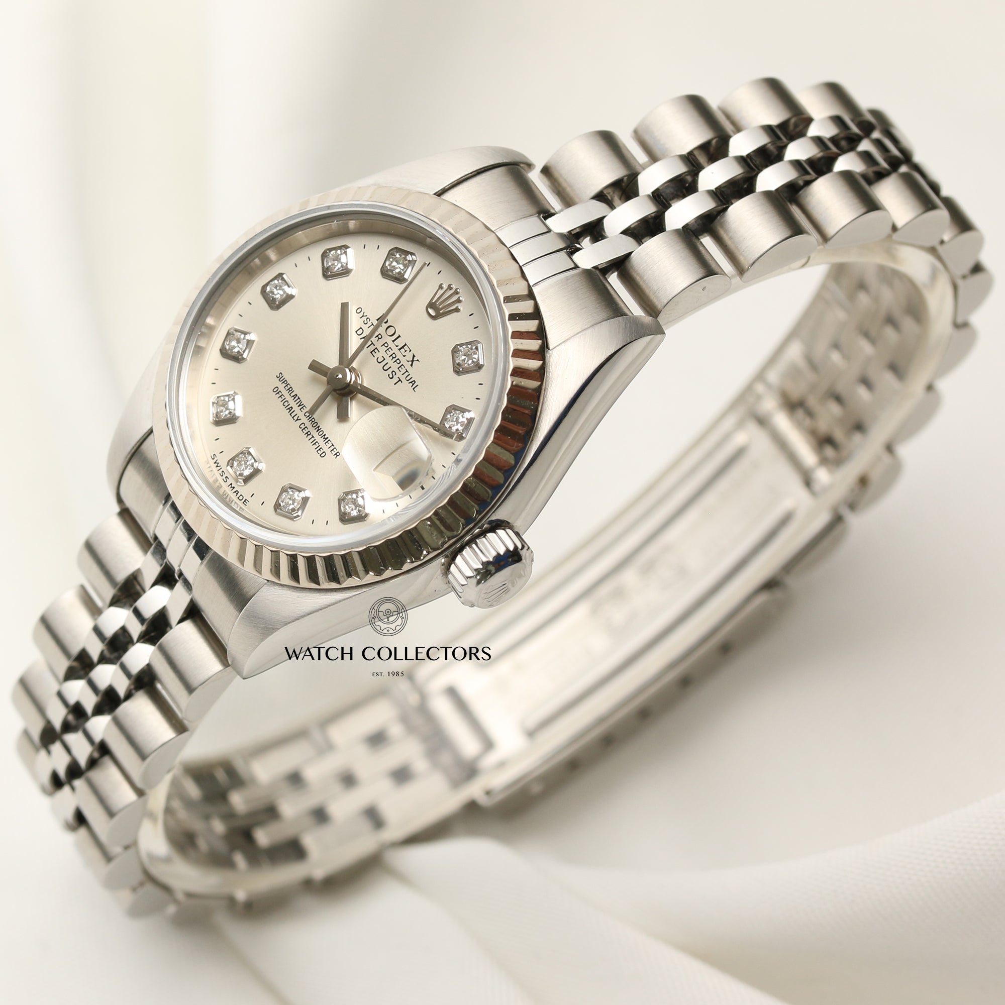 Rolex Lady DateJust 179174 Stainless Steel & 18K White Gold Bezel Silver Diamond Dial Second Hand Watch Collectors 3