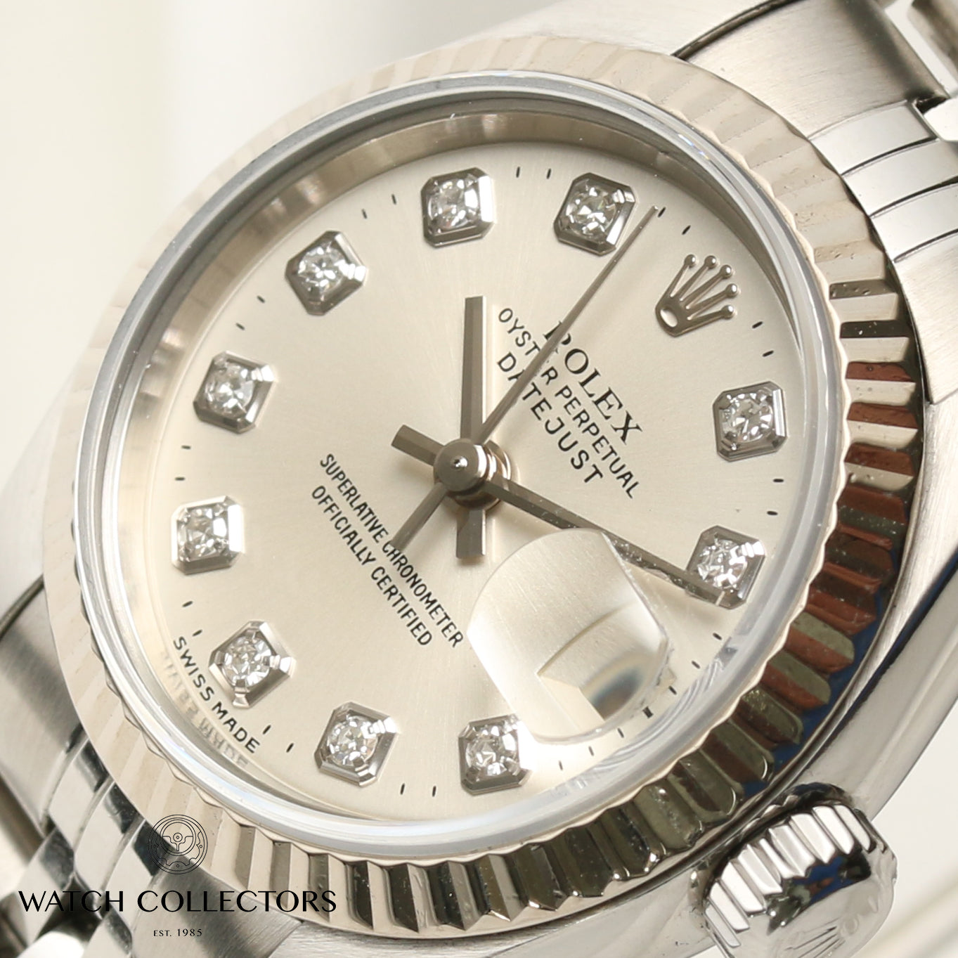 Rolex Lady DateJust 179174 Stainless Steel & 18K White Gold Bezel Silver Diamond Dial Second Hand Watch Collectors 4